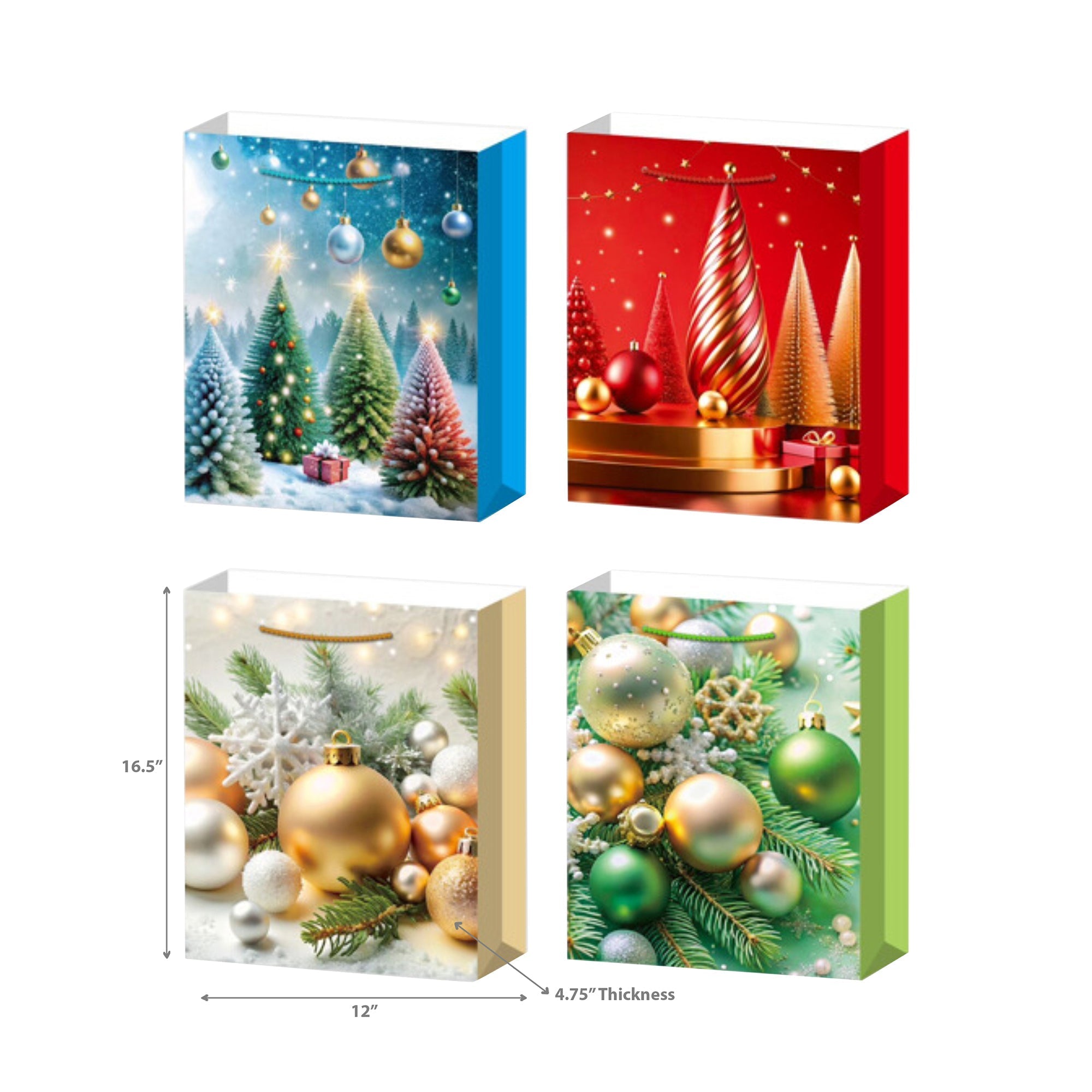 Christmas Gift Bags Set of 12 Tree/Ornaments X-Large – Holiday Gift Bag, Christmas Packaging, Festive Party Bags