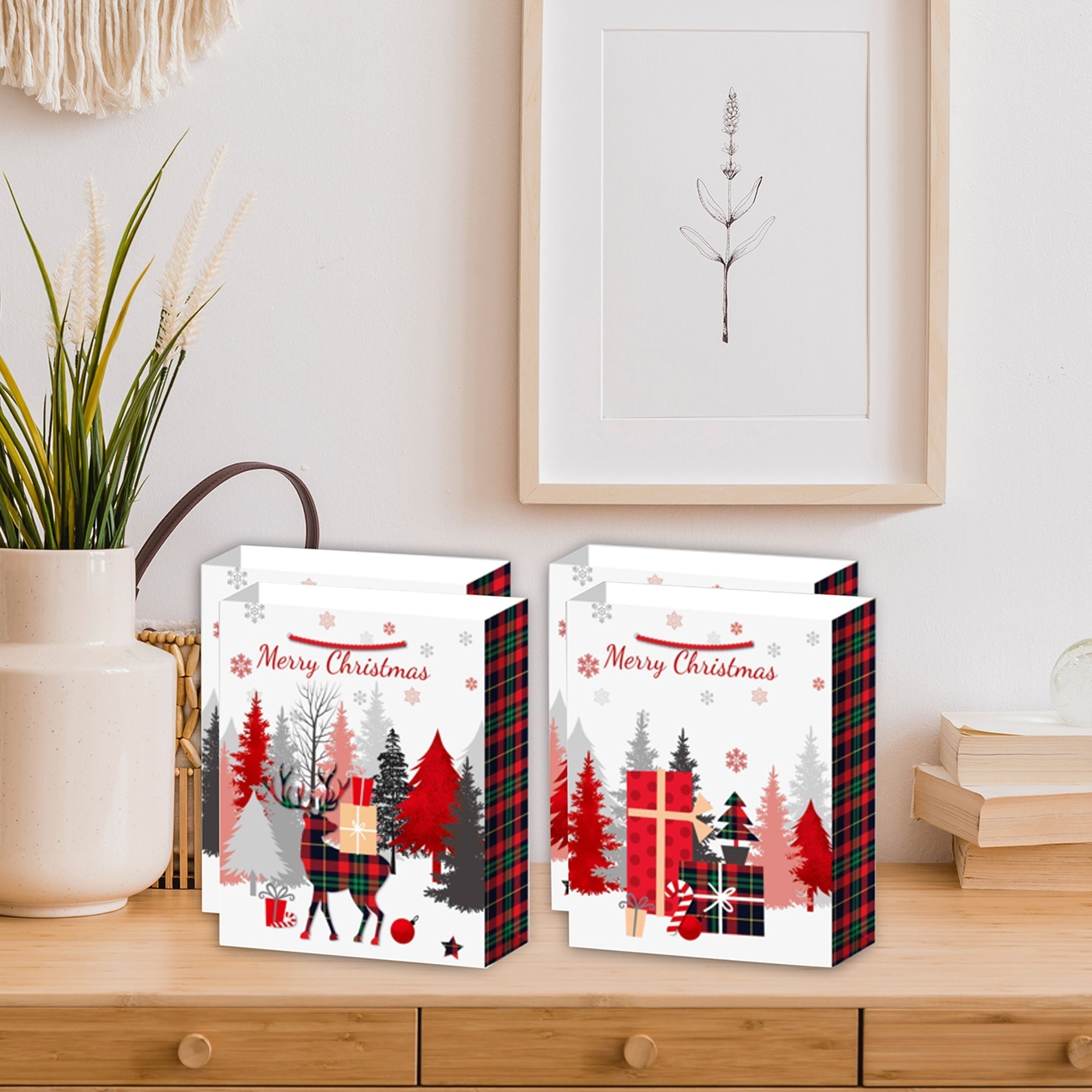 Christmas Gift Bags Set of 12 Buffalo Plaid X-Large – Holiday Gift Bag, Christmas Packaging, Festive Party Bags