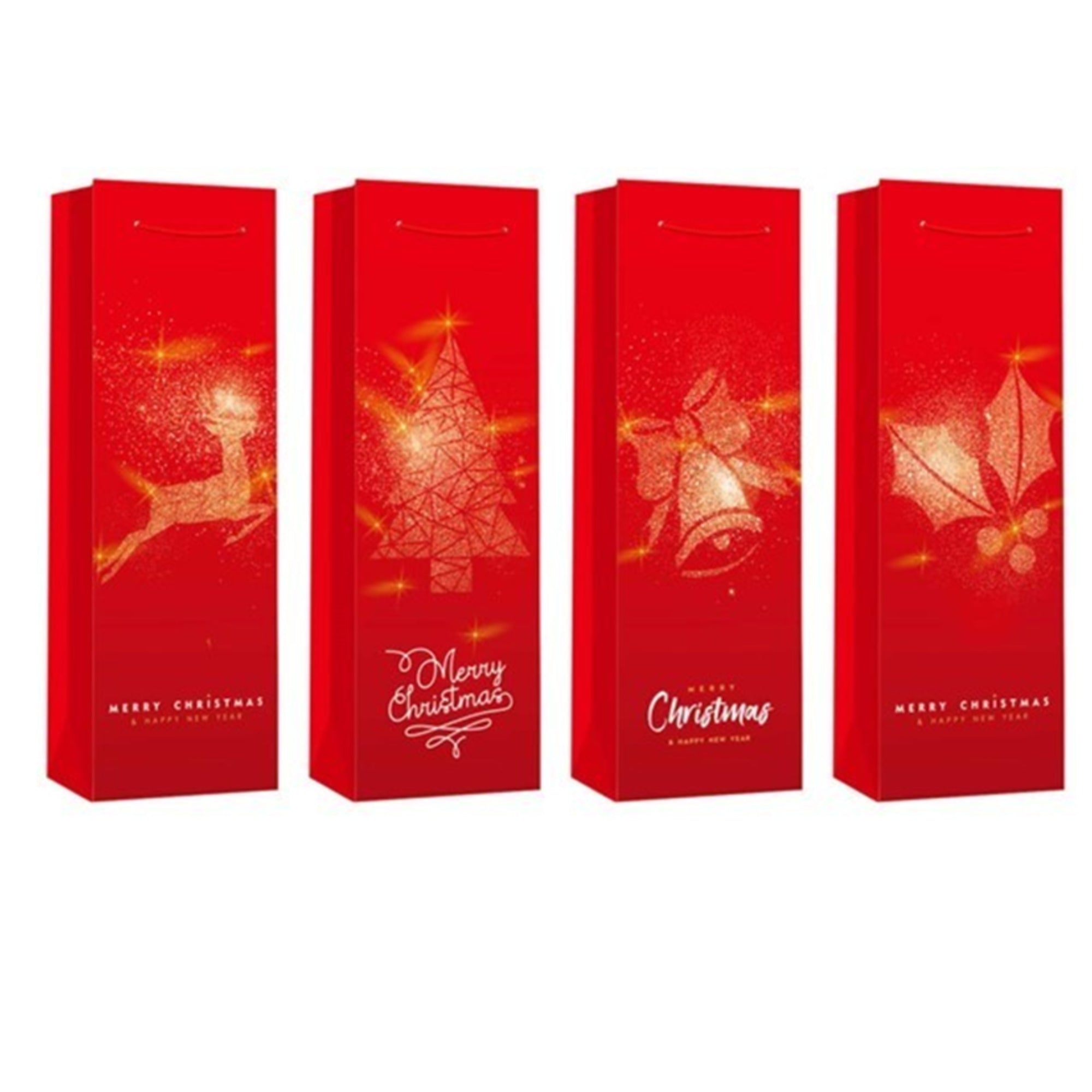 Christmas Wine Gift Bags Set of 12 Red with Gold Print – Holiday Wine Bag, Christmas Gift Packaging, Party Favor Bags