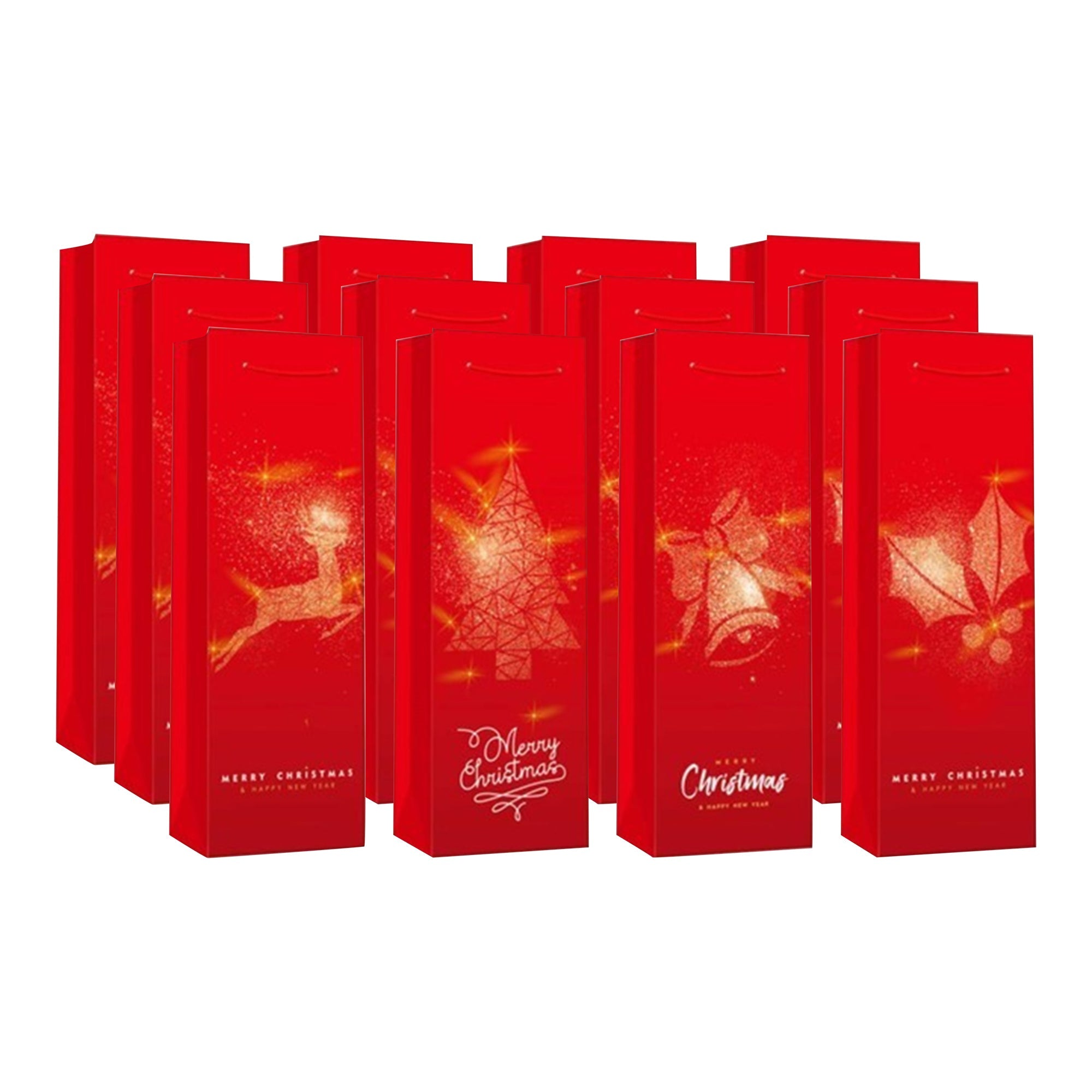 Christmas Wine Gift Bags Set of 12 Red with Gold Print – Holiday Wine Bag, Christmas Gift Packaging, Party Favor Bags