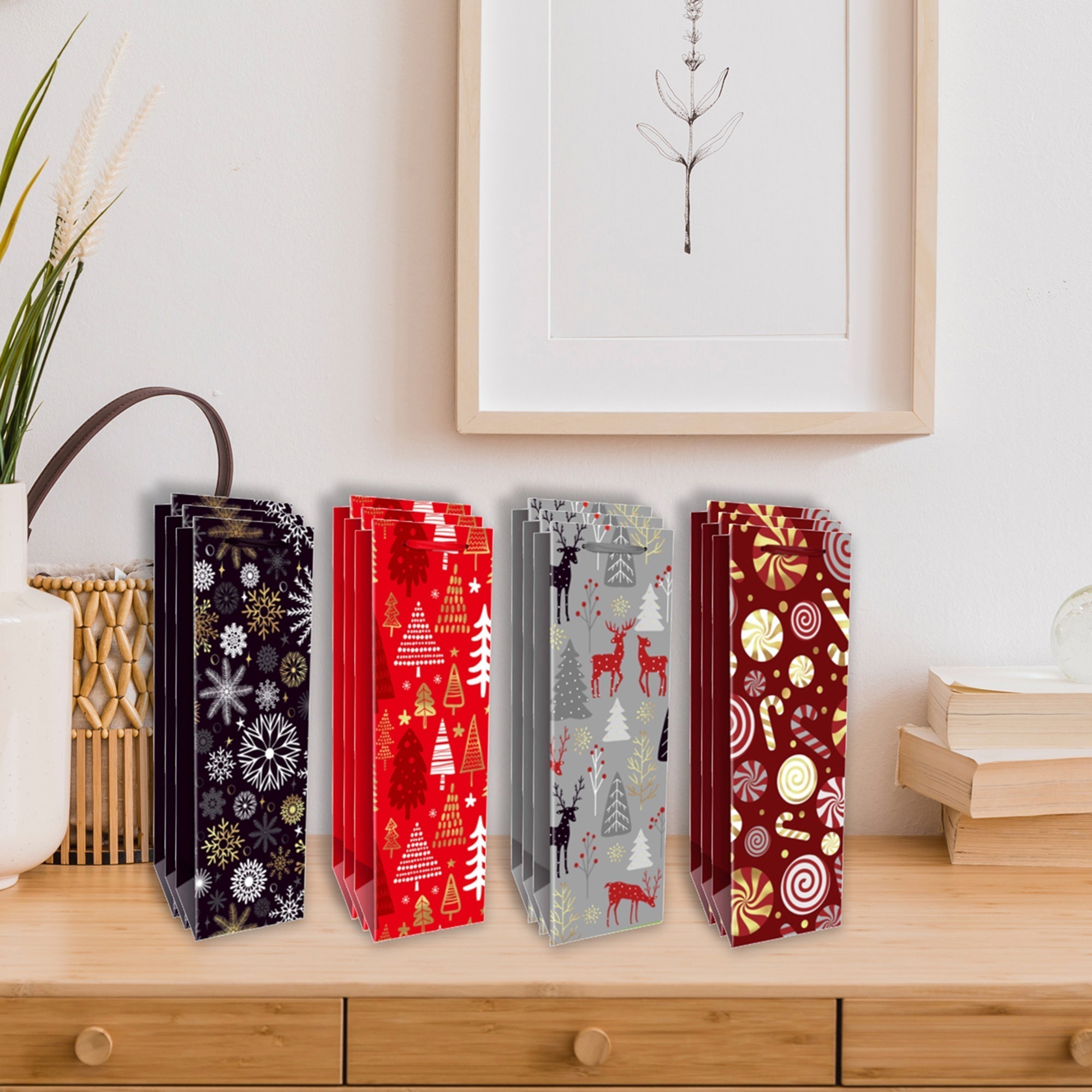 Christmas Wine Gift Bags Set of 12 Patterned – Holiday Wine Bag, Christmas Gift Packaging, Party Favor Bags