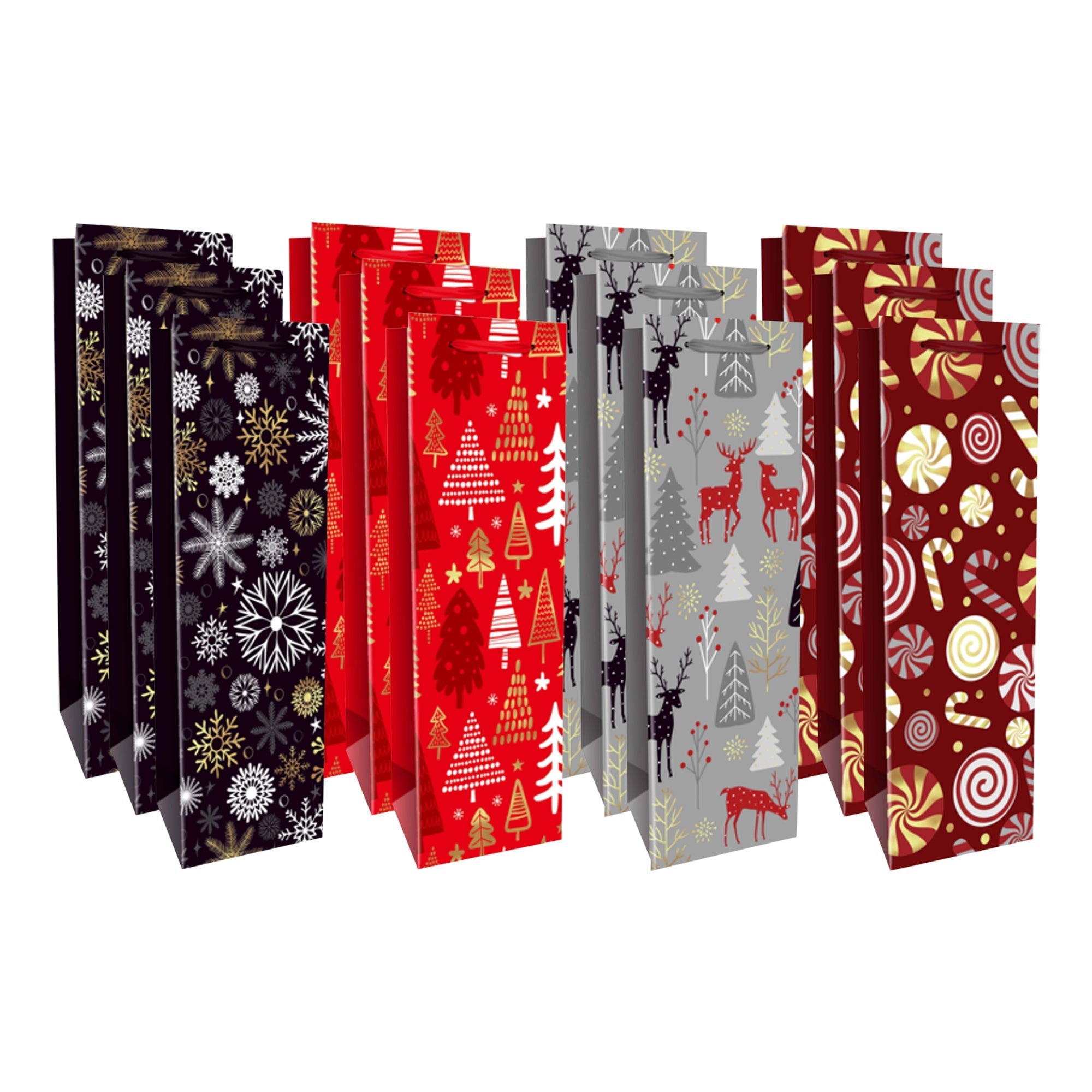 Christmas Wine Gift Bags Set of 12 Patterned – Holiday Wine Bag, Christmas Gift Packaging, Party Favor Bags