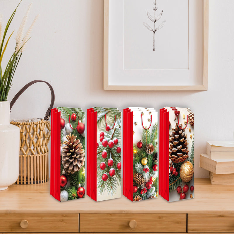 Christmas Wine Gift Bags (Pine And Berries) (Asstd) - Set of 12