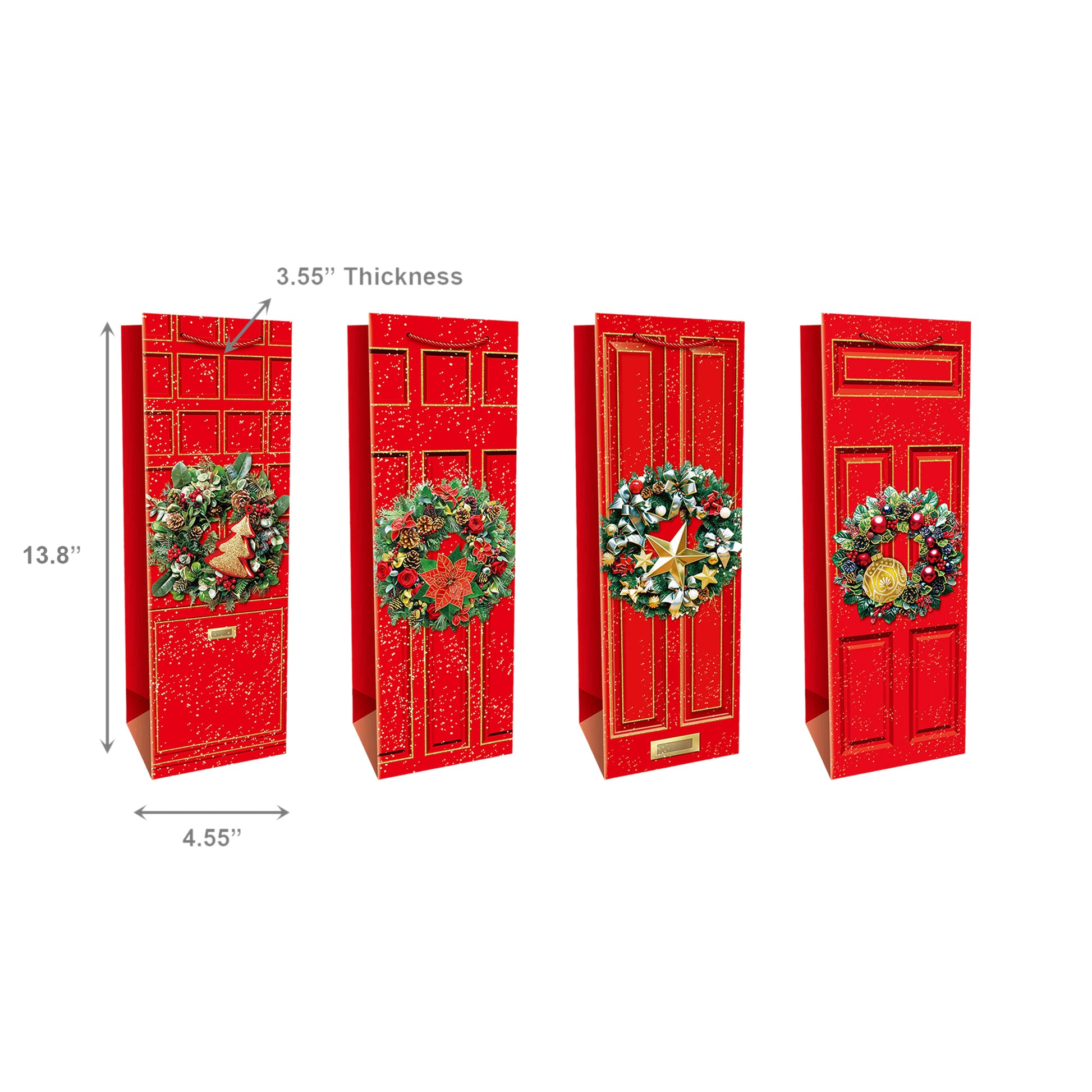 Christmas Wine Gift Bags Red Door with Wreath Assorted, Christmas, Wreath, Holiday Decor- Set of 12