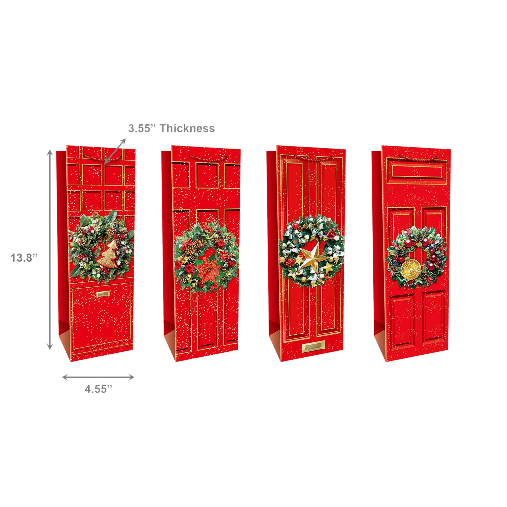 Christmas Wine Gift Bags Red Door with Wreath Assorted, Christmas, Wreath, Holiday Decor- Set of 12