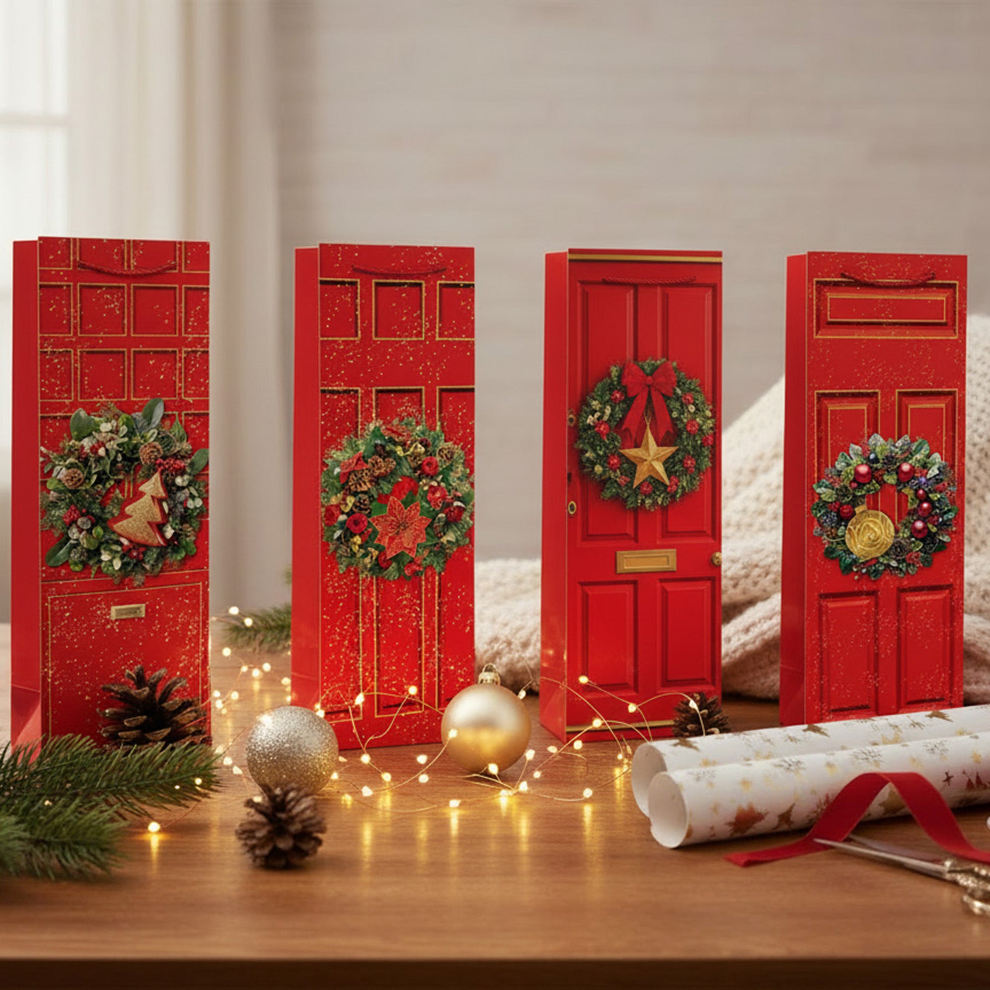 Christmas Wine Gift Bags Red Door with Wreath Assorted, Christmas, Wreath, Holiday Decor- Set of 12
