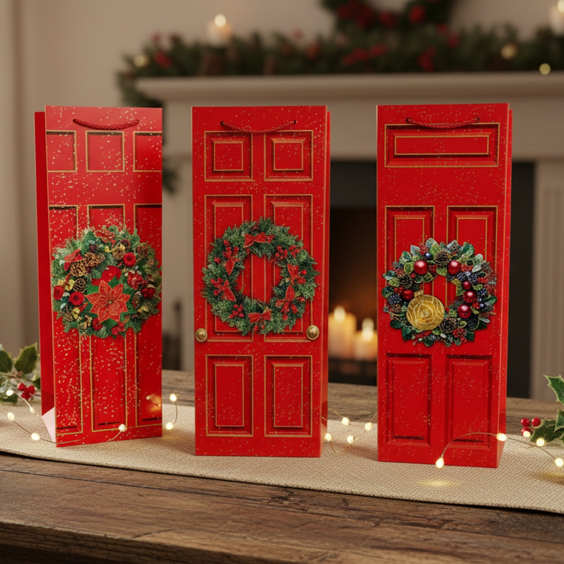 Christmas Wine Gift Bags Red Door with Wreath Assorted, Christmas, Wreath, Holiday Decor- Set of 12