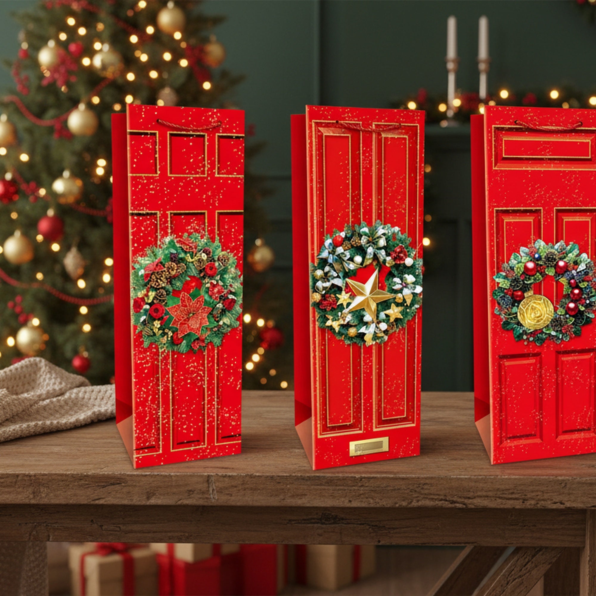 Christmas Wine Gift Bags Red Door with Wreath Assorted, Christmas, Wreath, Holiday Decor- Set of 12