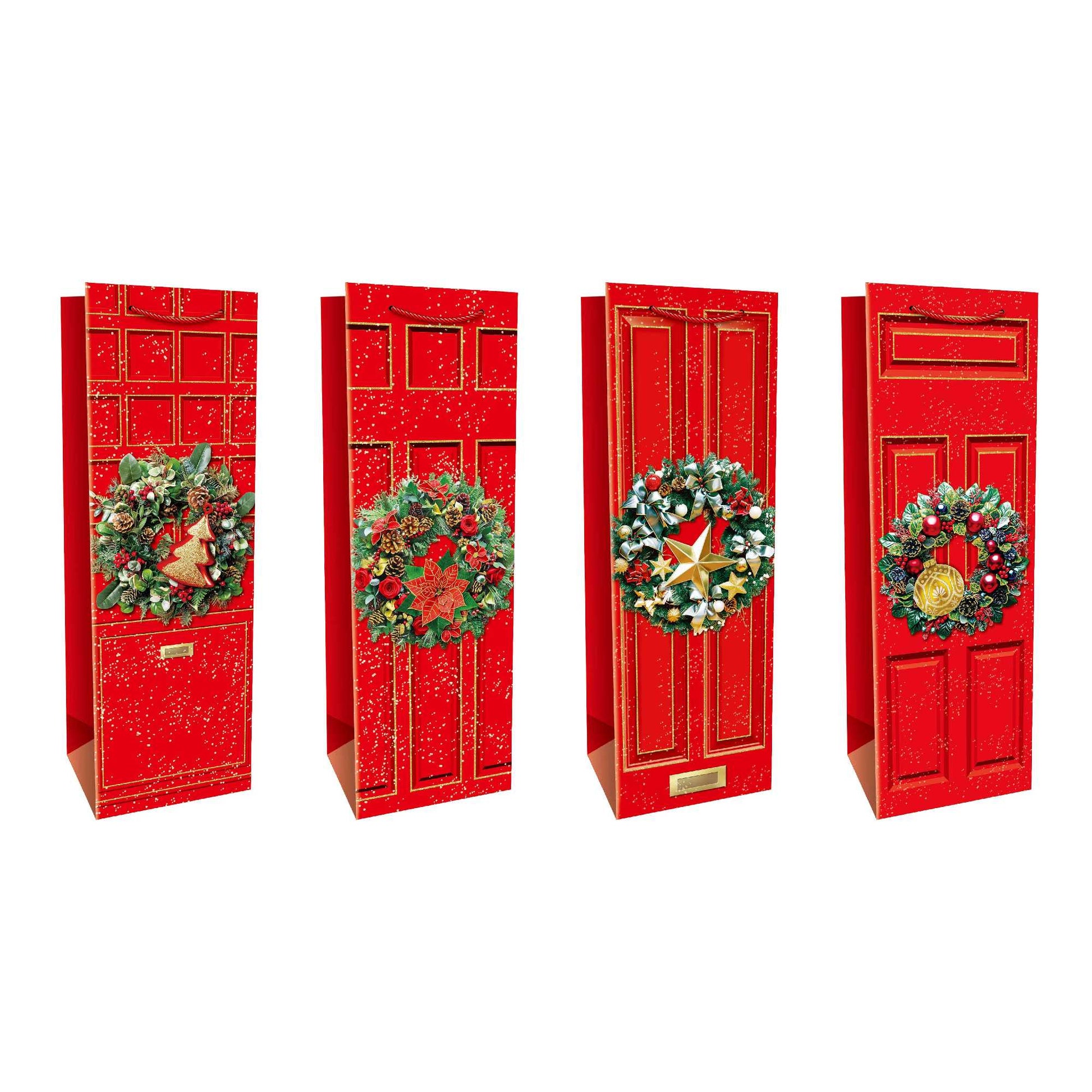 Christmas Wine Gift Bags Red Door with Wreath Assorted, Christmas, Wreath, Holiday Decor- Set of 12