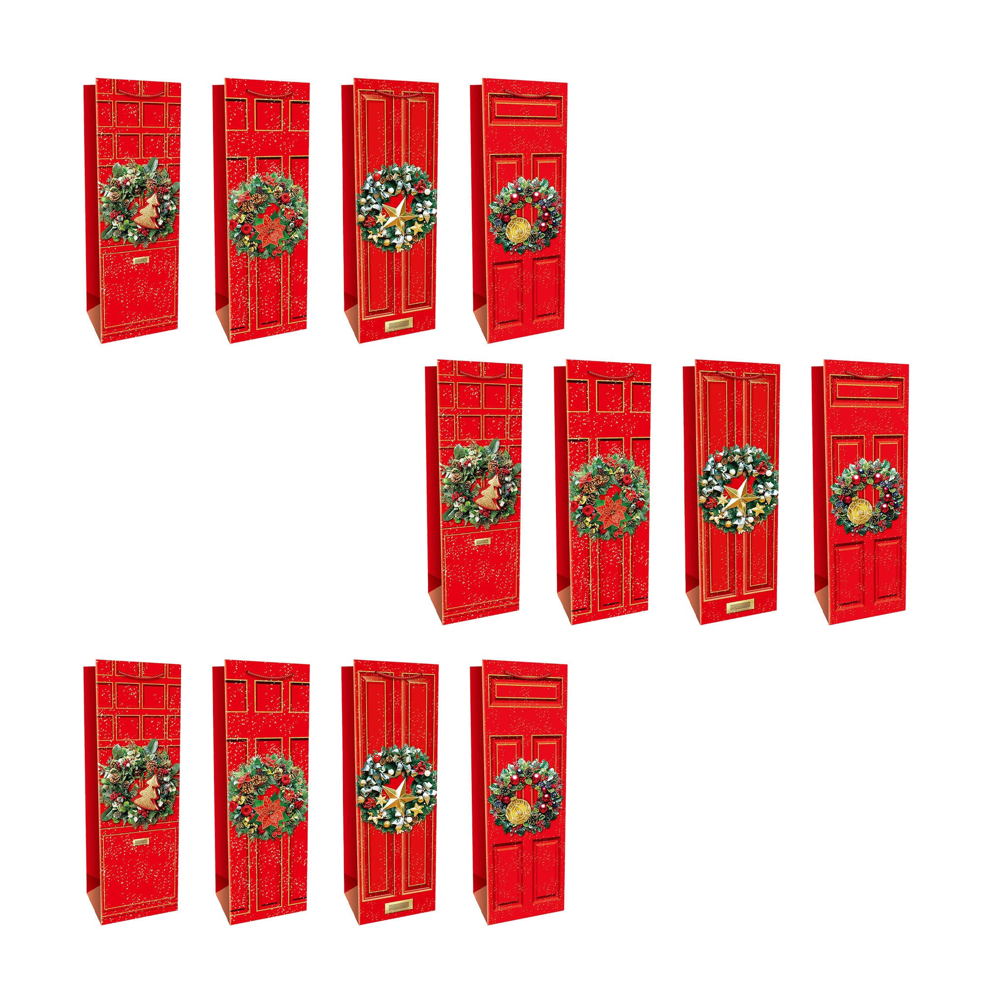 Christmas Wine Gift Bags Red Door with Wreath Assorted, Christmas, Wreath, Holiday Decor- Set of 12