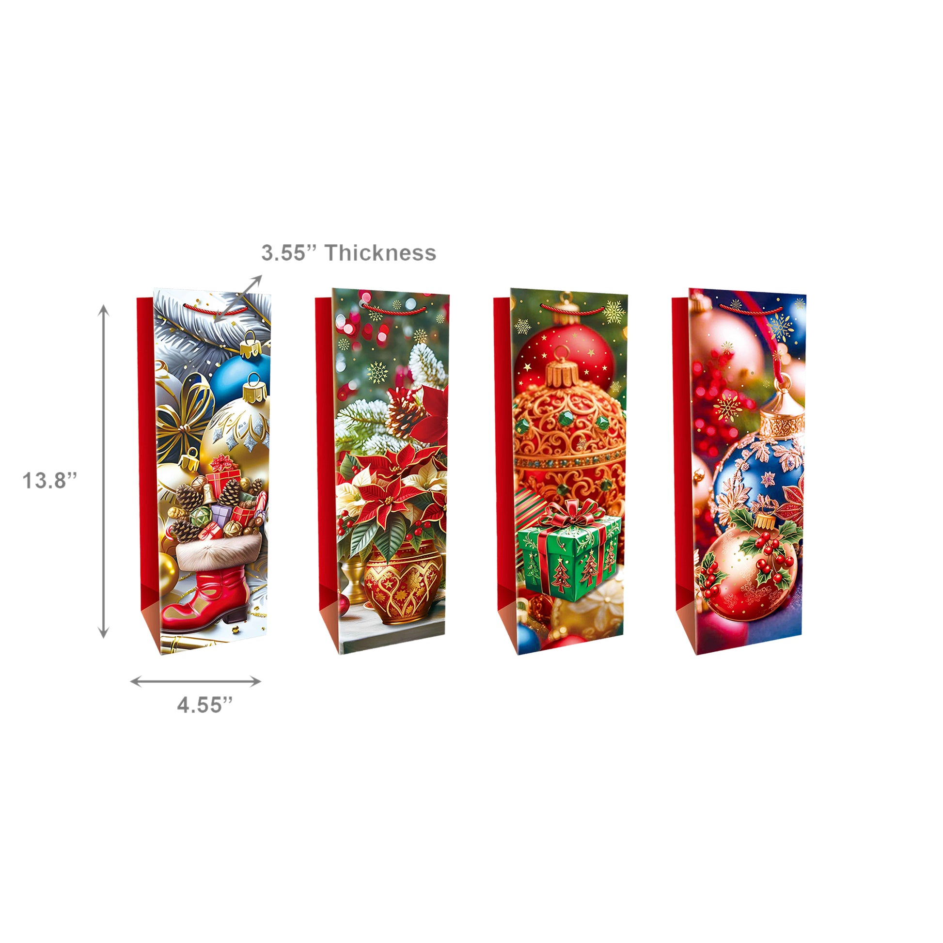 Christmas Wine Gift Bags Red with Festive Decor Assorted, Christmas, Holiday Decor- Set of 12
