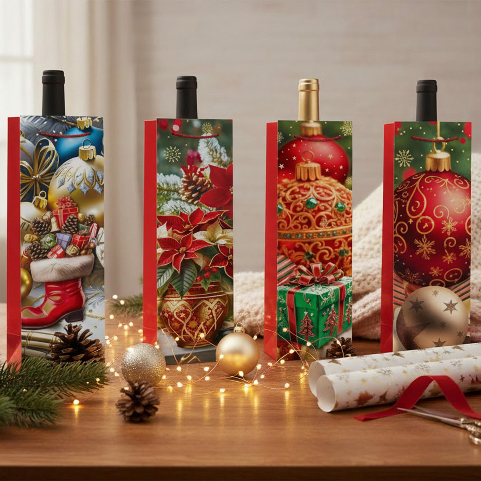 Christmas Wine Gift Bags Red with Festive Decor Assorted, Christmas, Holiday Decor- Set of 12