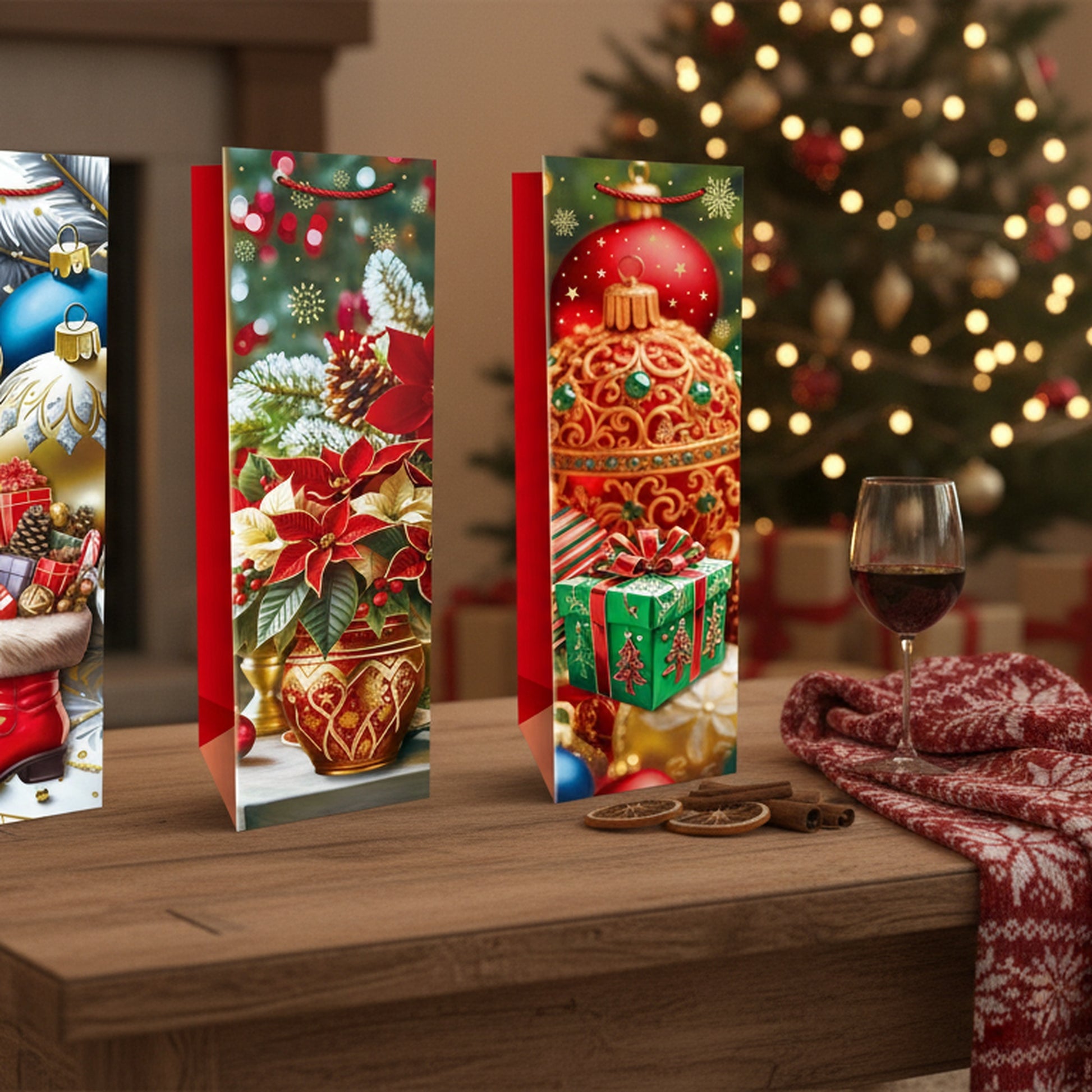 Christmas Wine Gift Bags Red with Festive Decor Assorted, Christmas, Holiday Decor- Set of 12