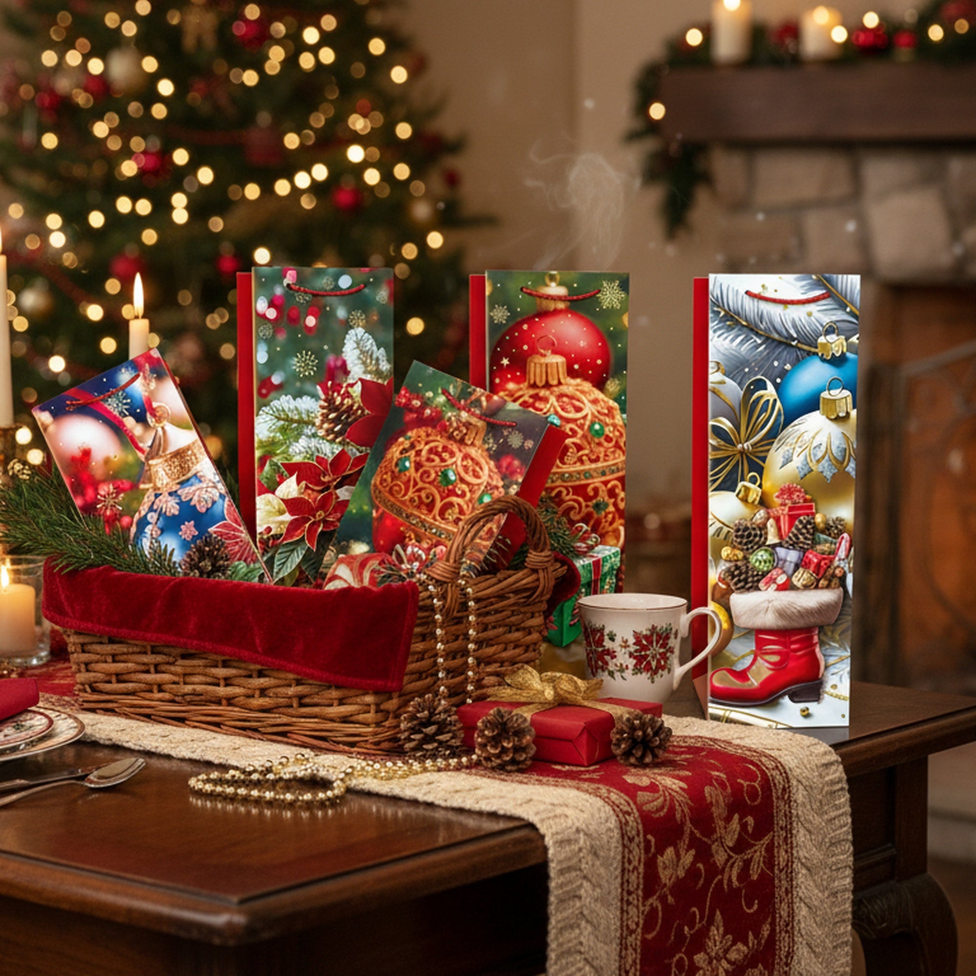 Christmas Wine Gift Bags Red with Festive Decor Assorted, Christmas, Holiday Decor- Set of 12