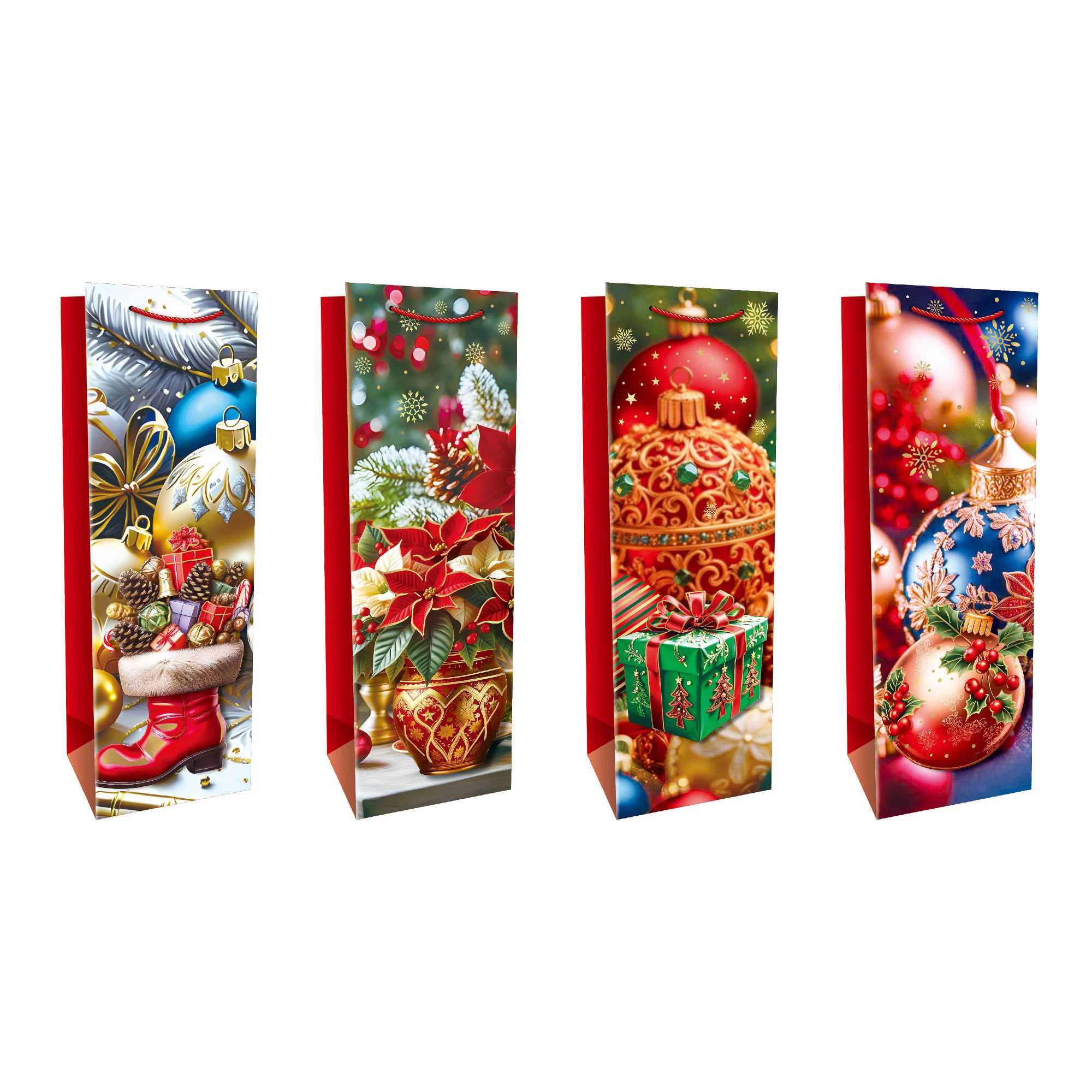 Christmas Wine Gift Bags Red with Festive Decor Assorted, Christmas, Holiday Decor- Set of 12