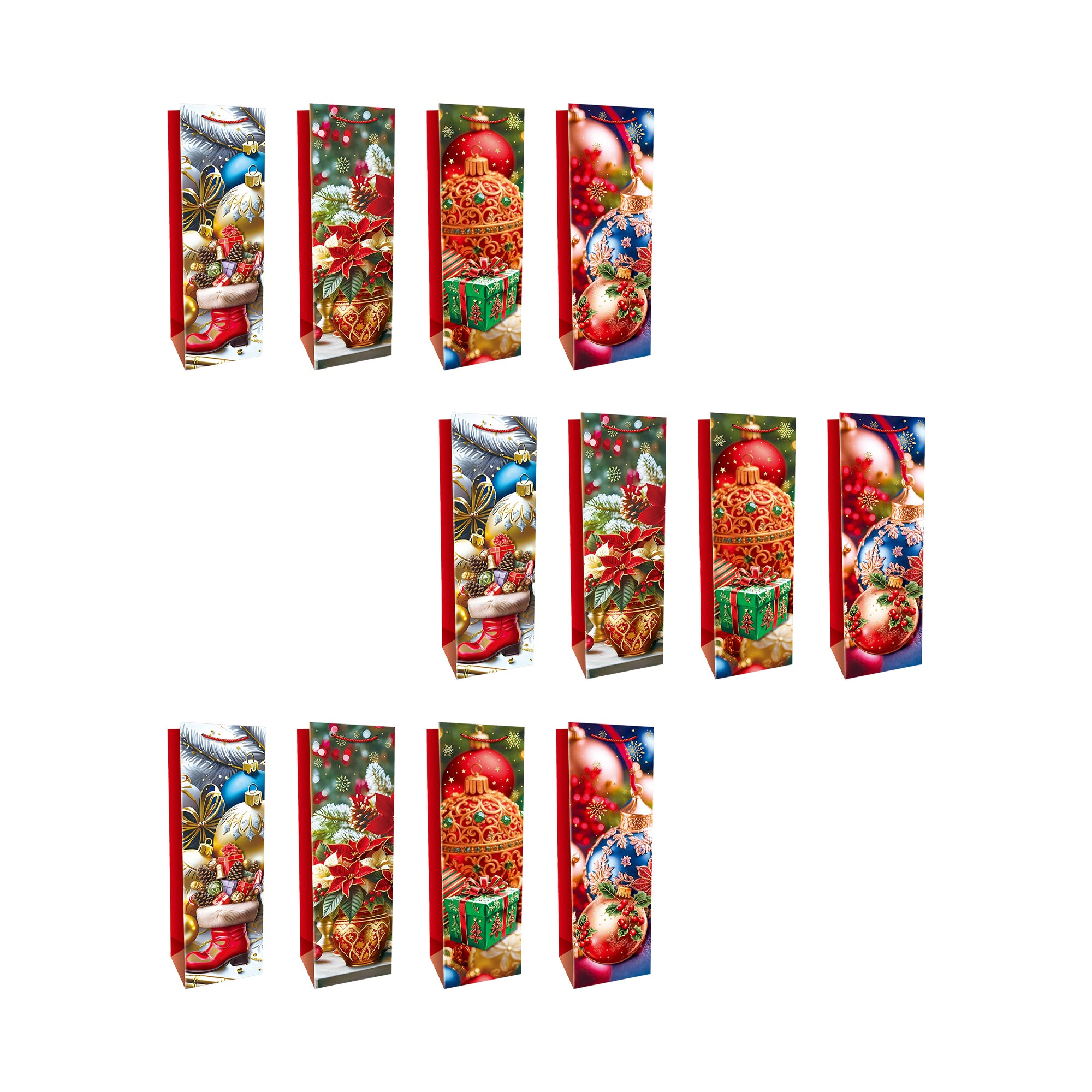 Christmas Wine Gift Bags Red with Festive Decor Assorted, Christmas, Holiday Decor- Set of 12