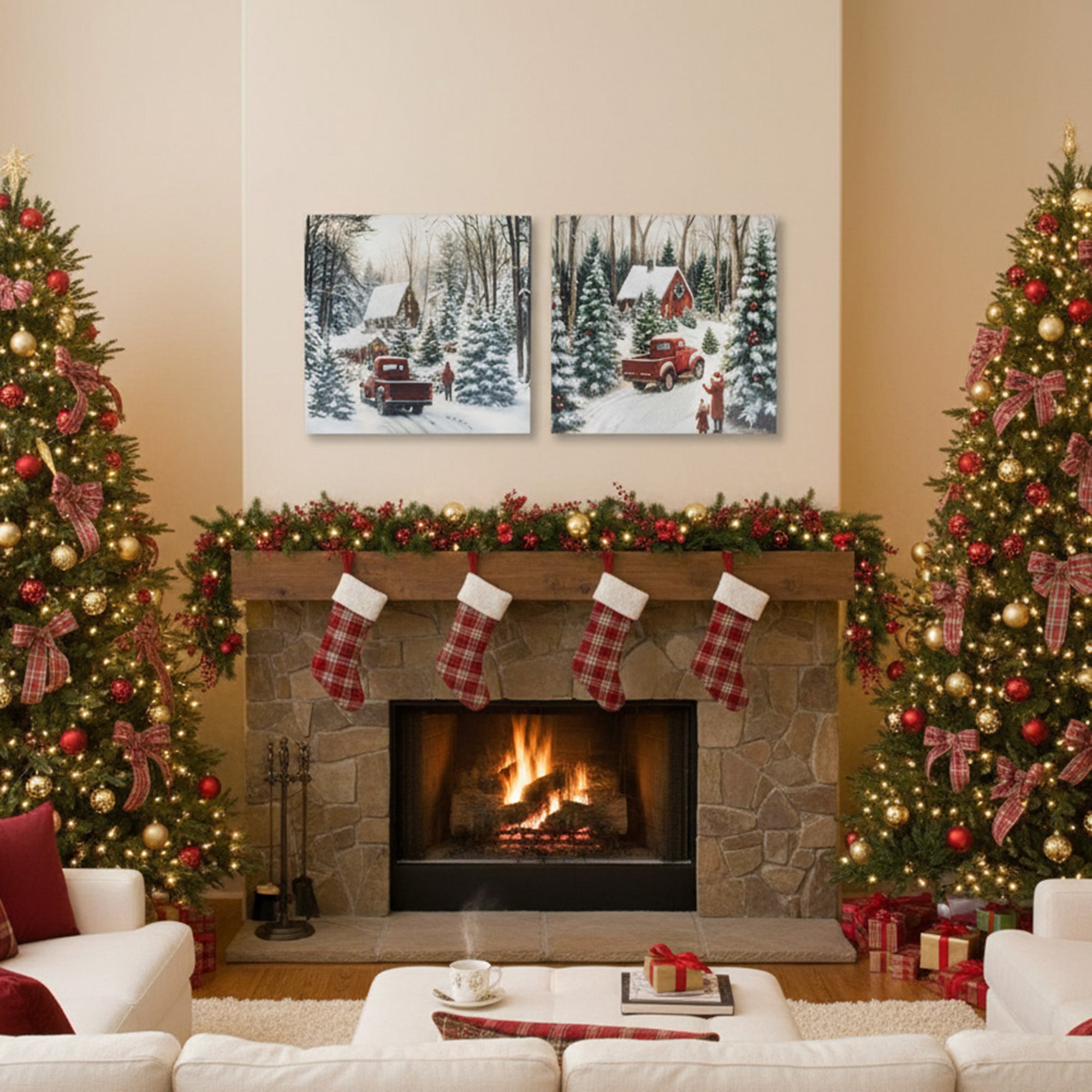 Hand Painted Canvas Wall Art Winter Red Truck, Winter, Wall Decor, Holiday Decor- Set of 2
