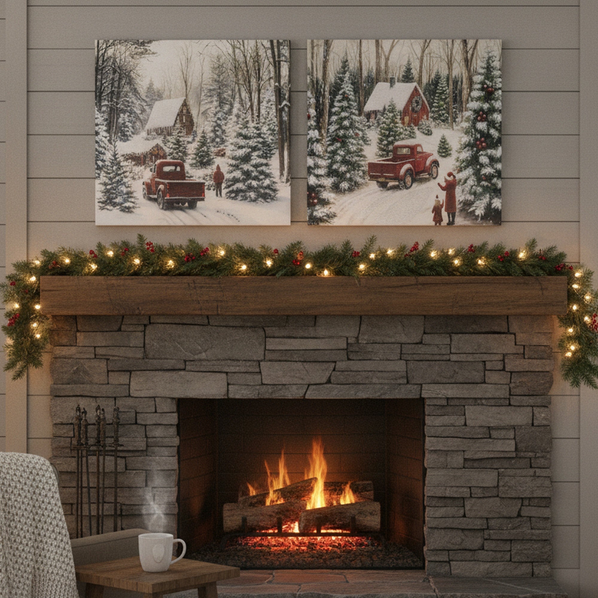 Hand Painted Canvas Wall Art Winter Red Truck, Winter, Wall Decor, Holiday Decor- Set of 2