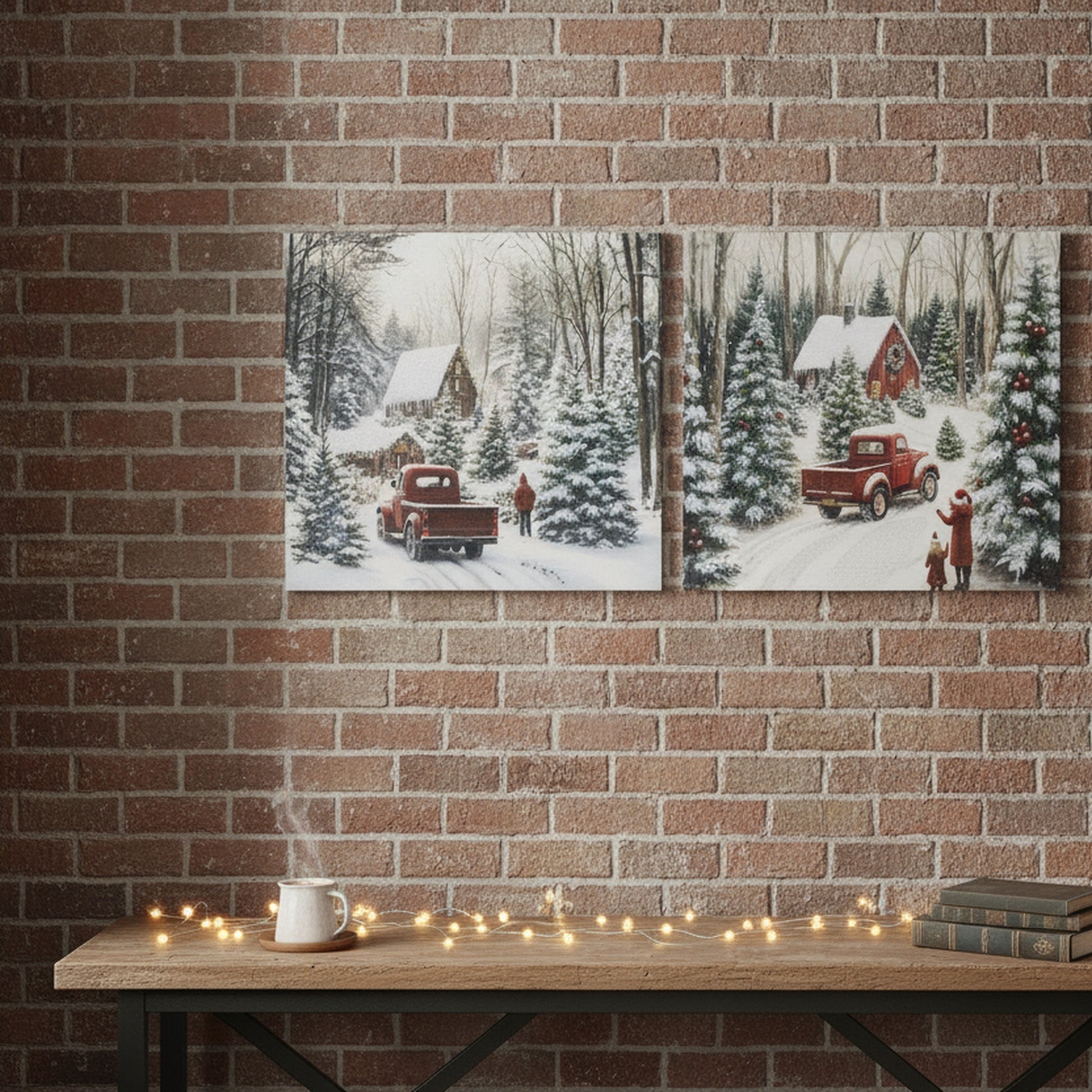 Hand Painted Canvas Wall Art Winter Red Truck, Winter, Wall Decor, Holiday Decor- Set of 2