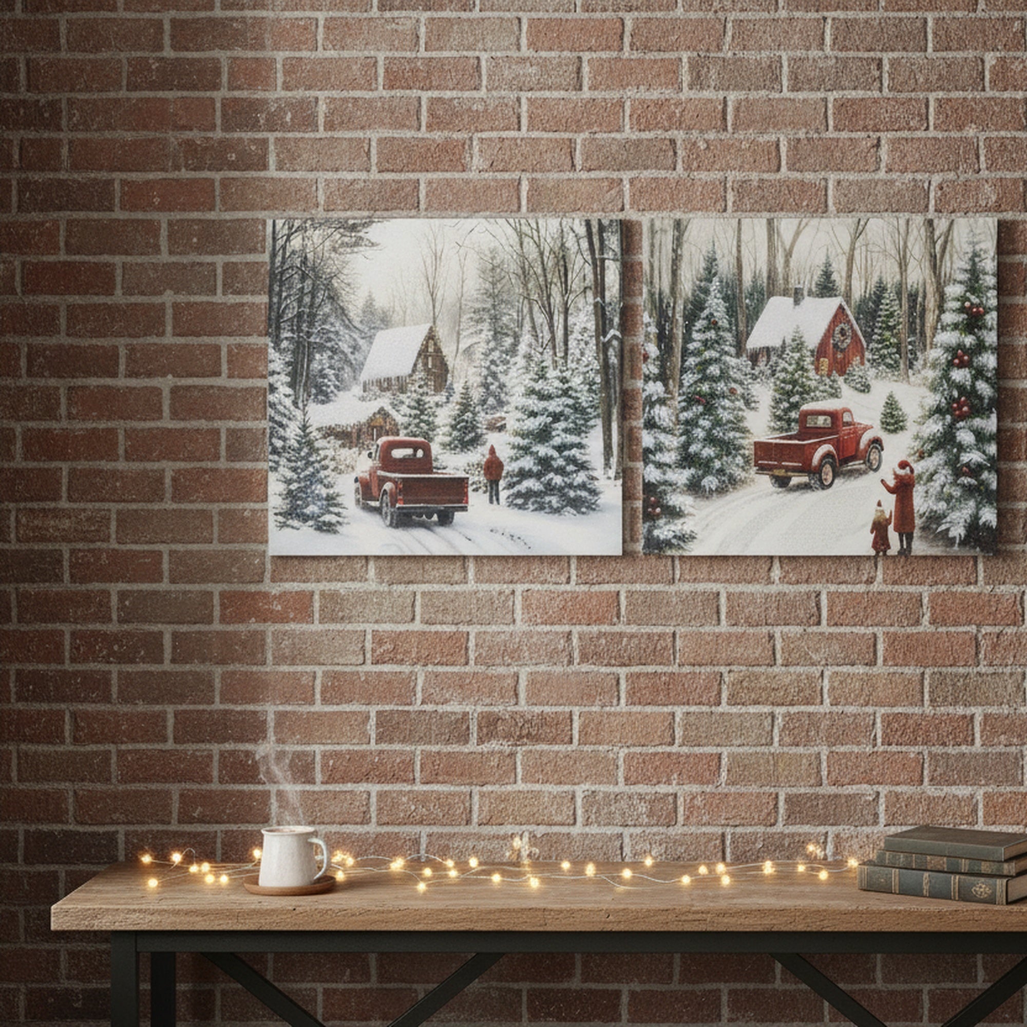 Hand Painted Canvas Wall Art Winter Red Truck, Winter, Wall Decor, Holiday Decor- Set of 2