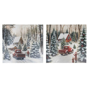 Hand Painted Canvas Wall Art Winter Red Truck, Winter, Wall Decor, Holiday Decor- Set of 2