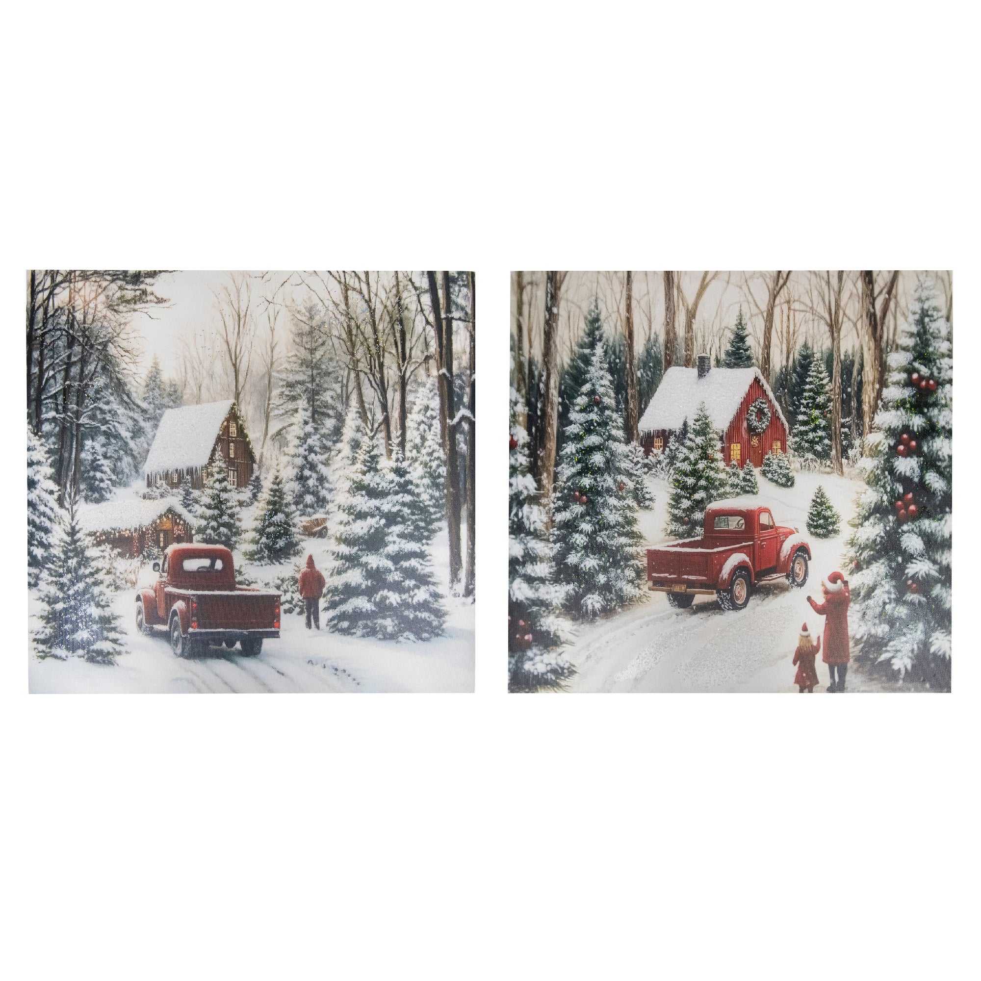 Hand Painted Canvas Wall Art Winter Red Truck, Winter, Wall Decor, Holiday Decor- Set of 2