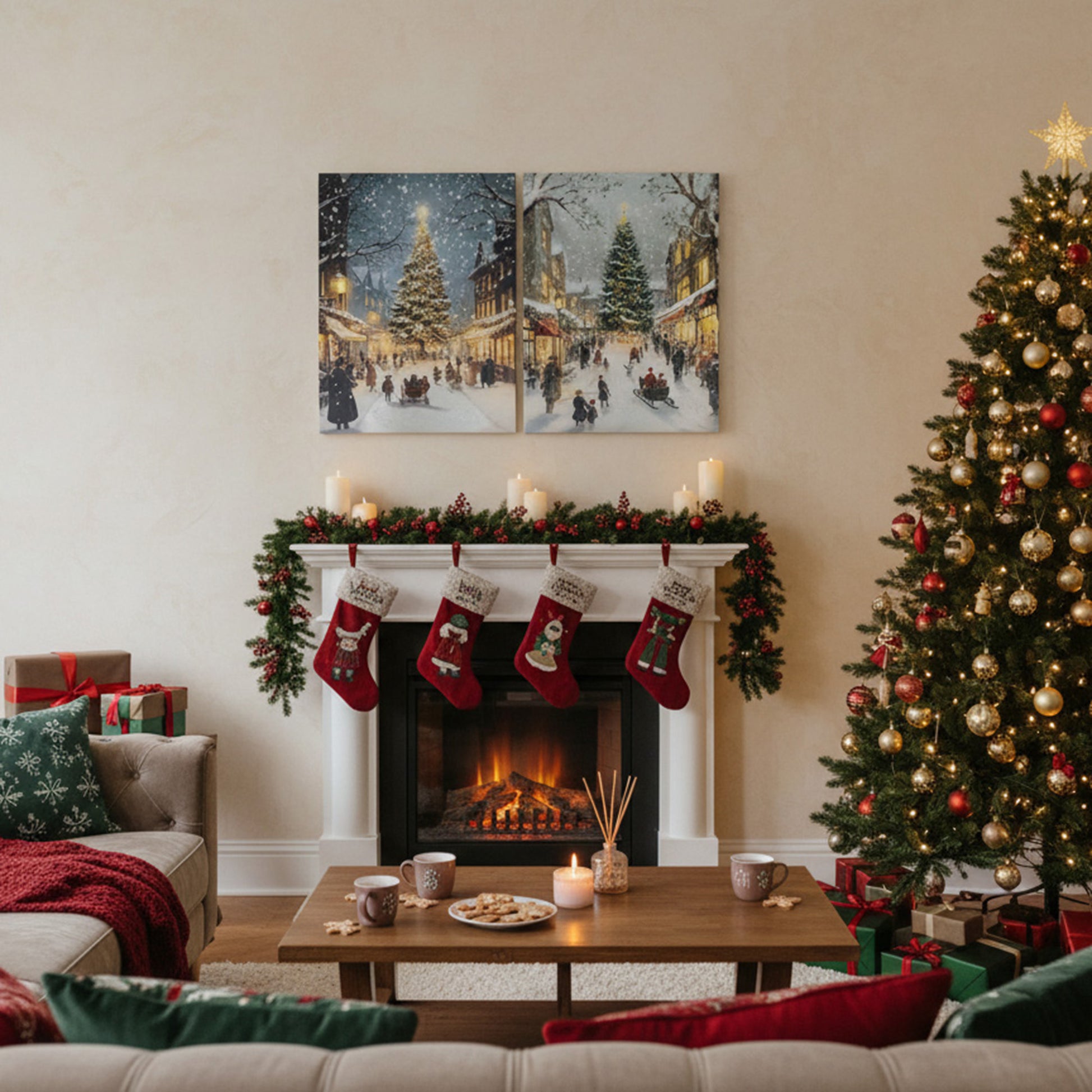 Hand Painted Canvas Wall Art Village Christmas Tree, Christmas, Wall Decor, Holiday Decor- Set of 2