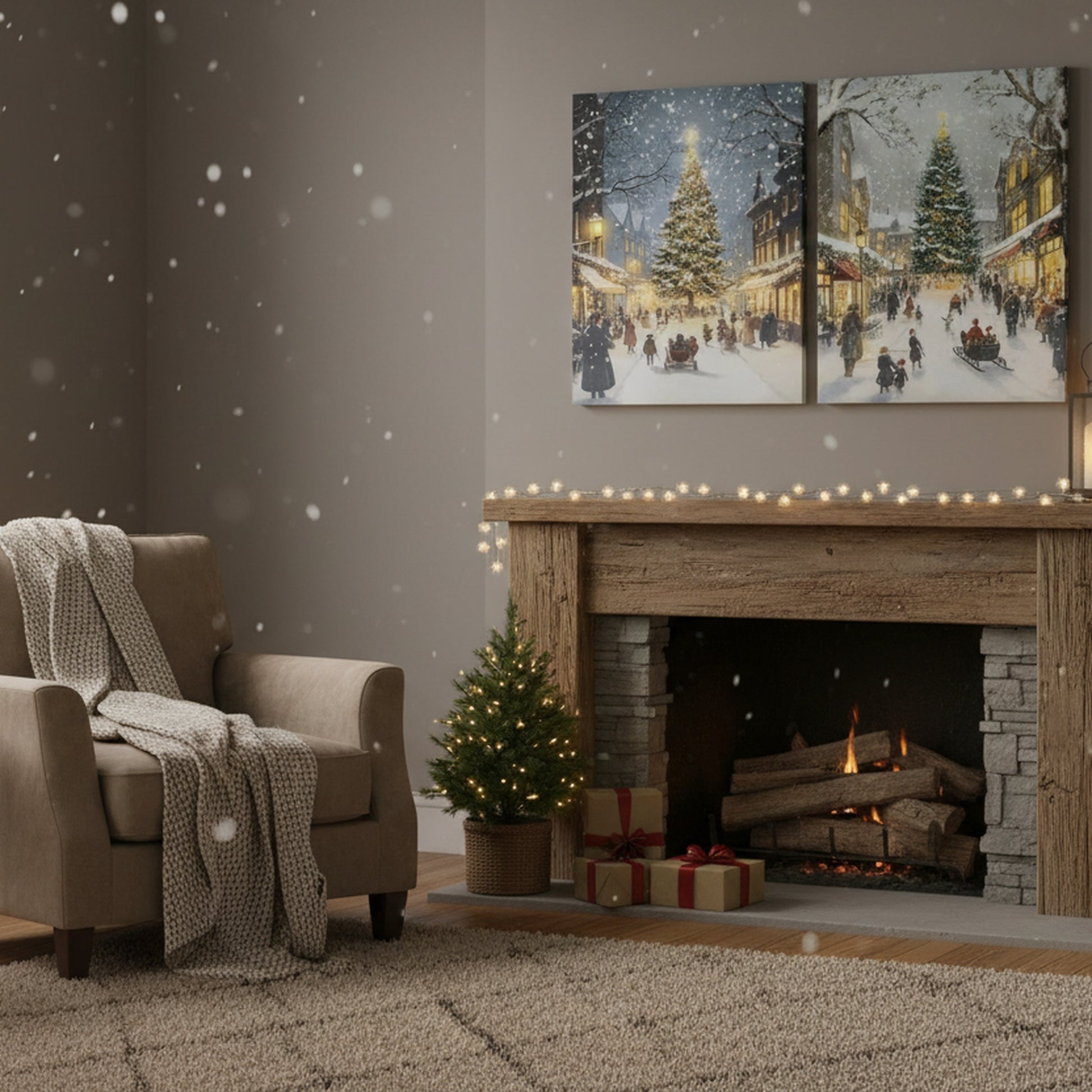 Hand Painted Canvas Wall Art Village Christmas Tree, Christmas, Wall Decor, Holiday Decor- Set of 2