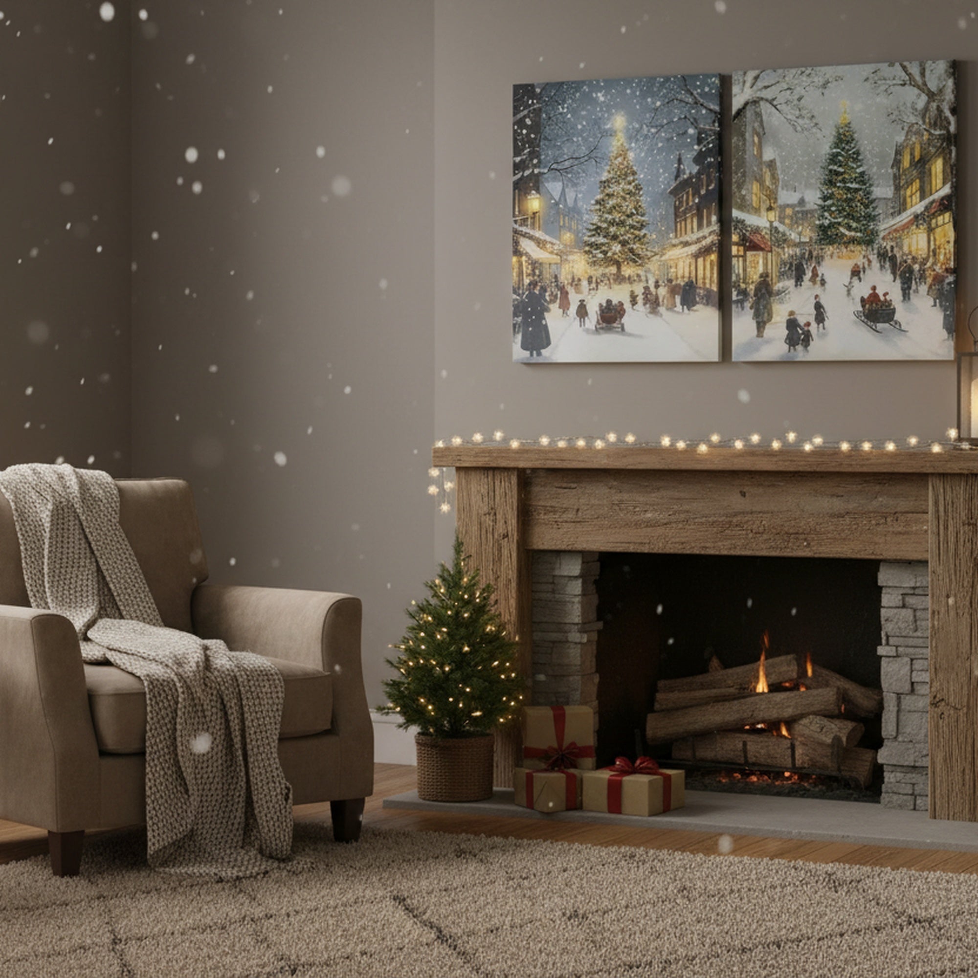 Hand Painted Canvas Wall Art Village Christmas Tree, Christmas, Wall Decor, Holiday Decor- Set of 2