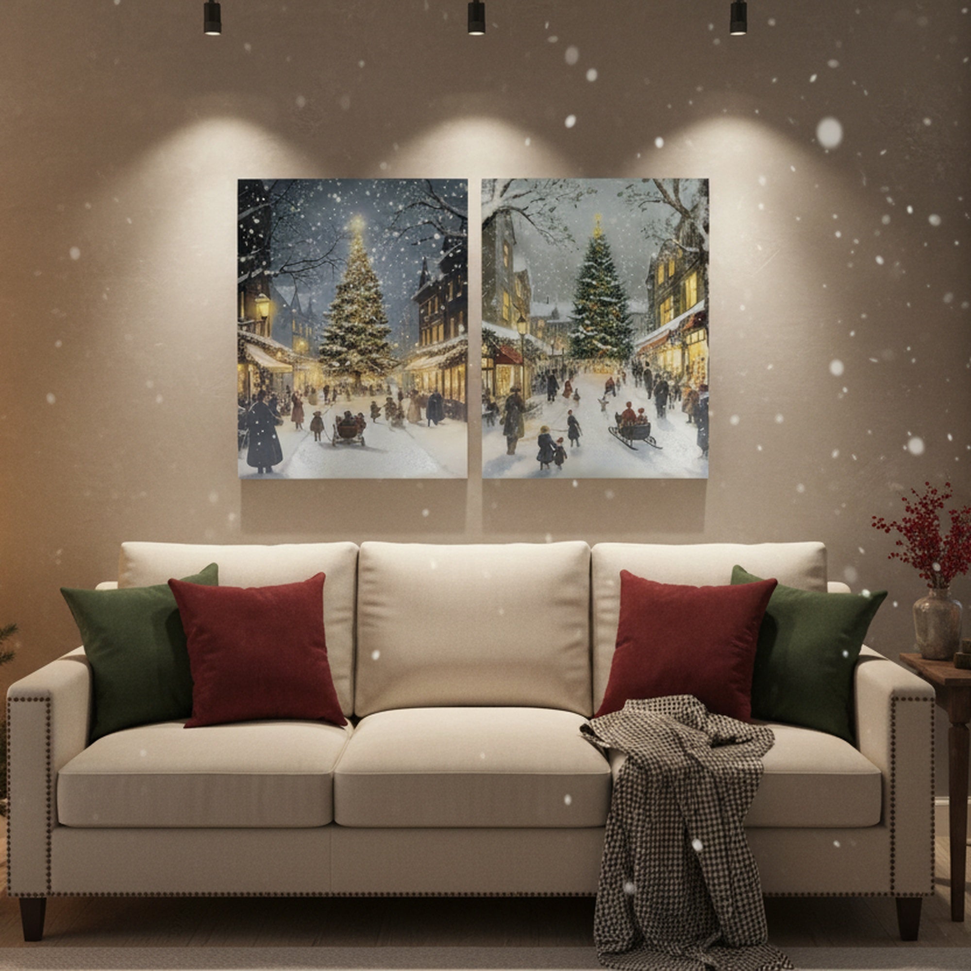 Hand Painted Canvas Wall Art Village Christmas Tree, Christmas, Wall Decor, Holiday Decor- Set of 2