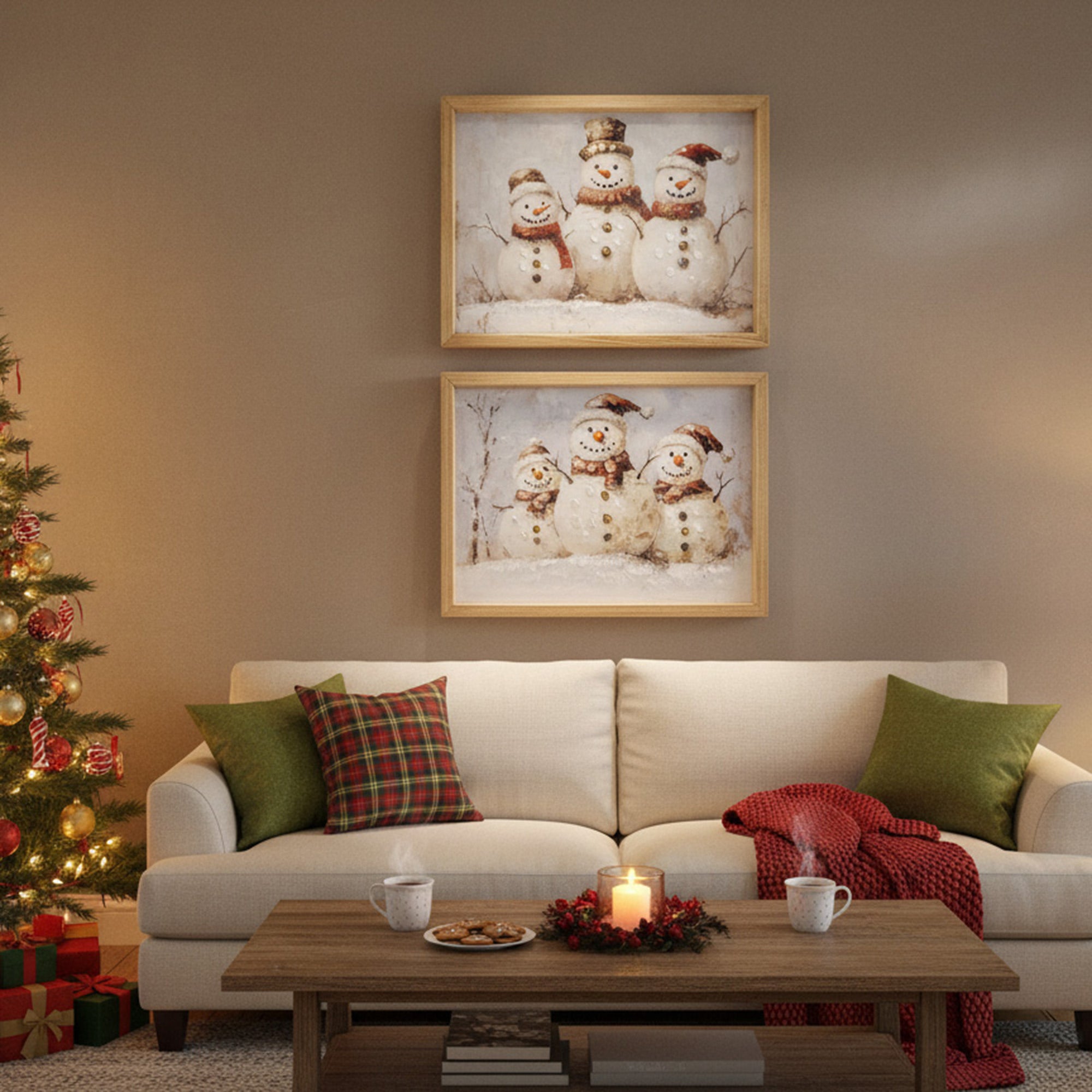 Framed Hand Painted Canvas Wall Art Triple Snowman, Christmas, Wall Decor, Holiday Decor- Set of 2