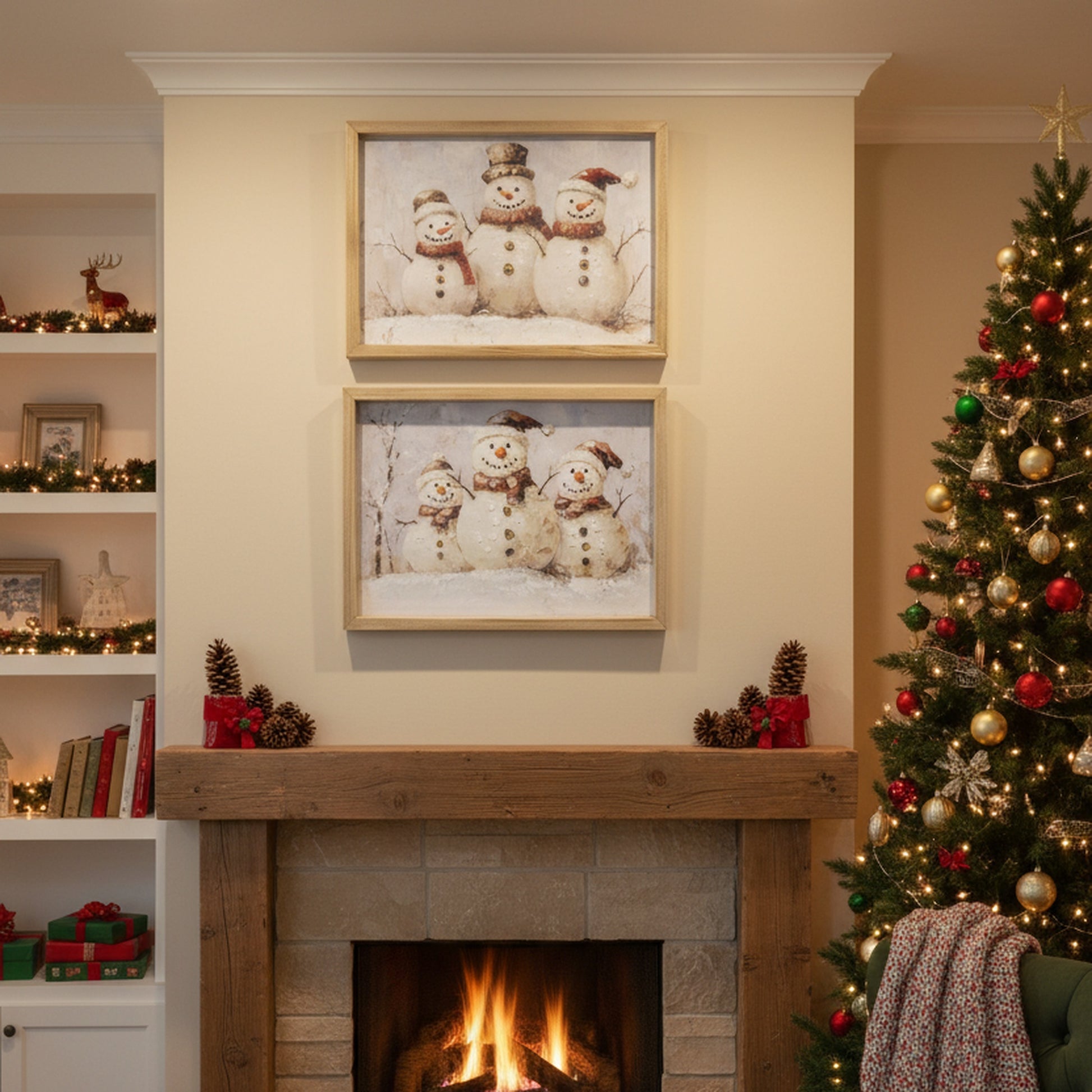 Framed Hand Painted Canvas Wall Art Triple Snowman, Christmas, Wall Decor, Holiday Decor- Set of 2