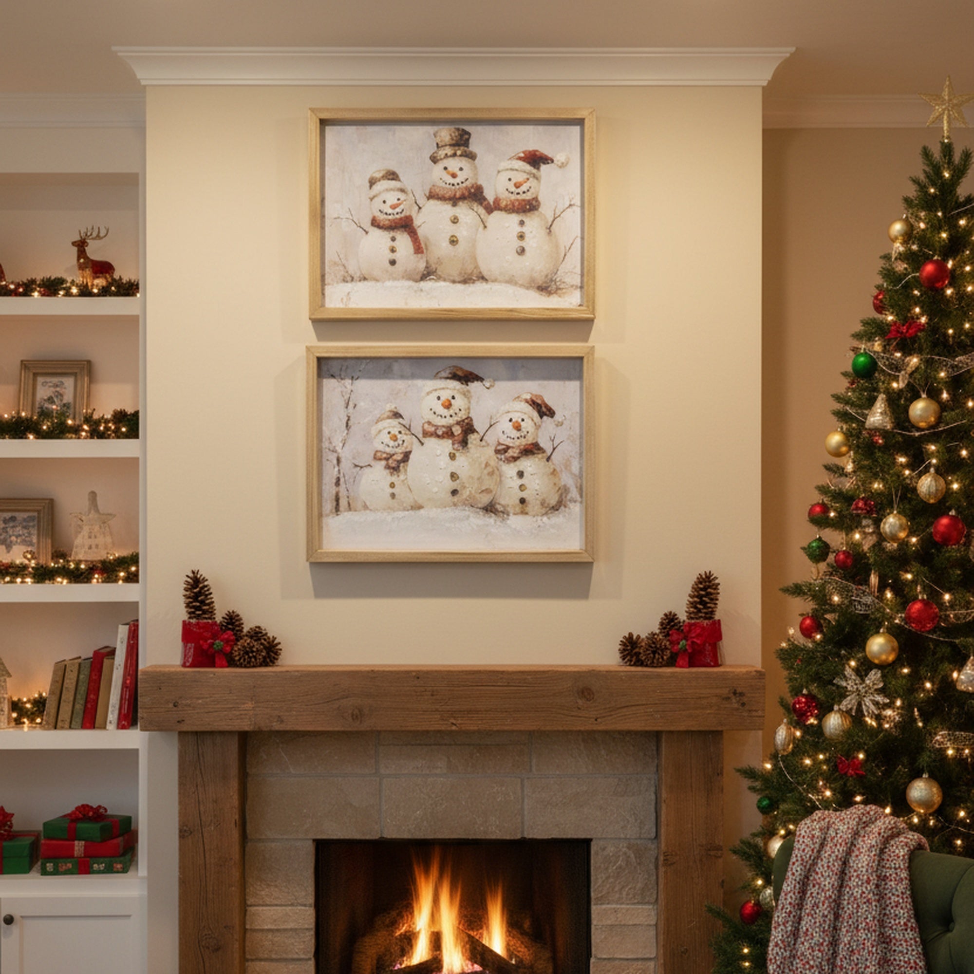 Framed Hand Painted Canvas Wall Art Triple Snowman, Christmas, Wall Decor, Holiday Decor- Set of 2