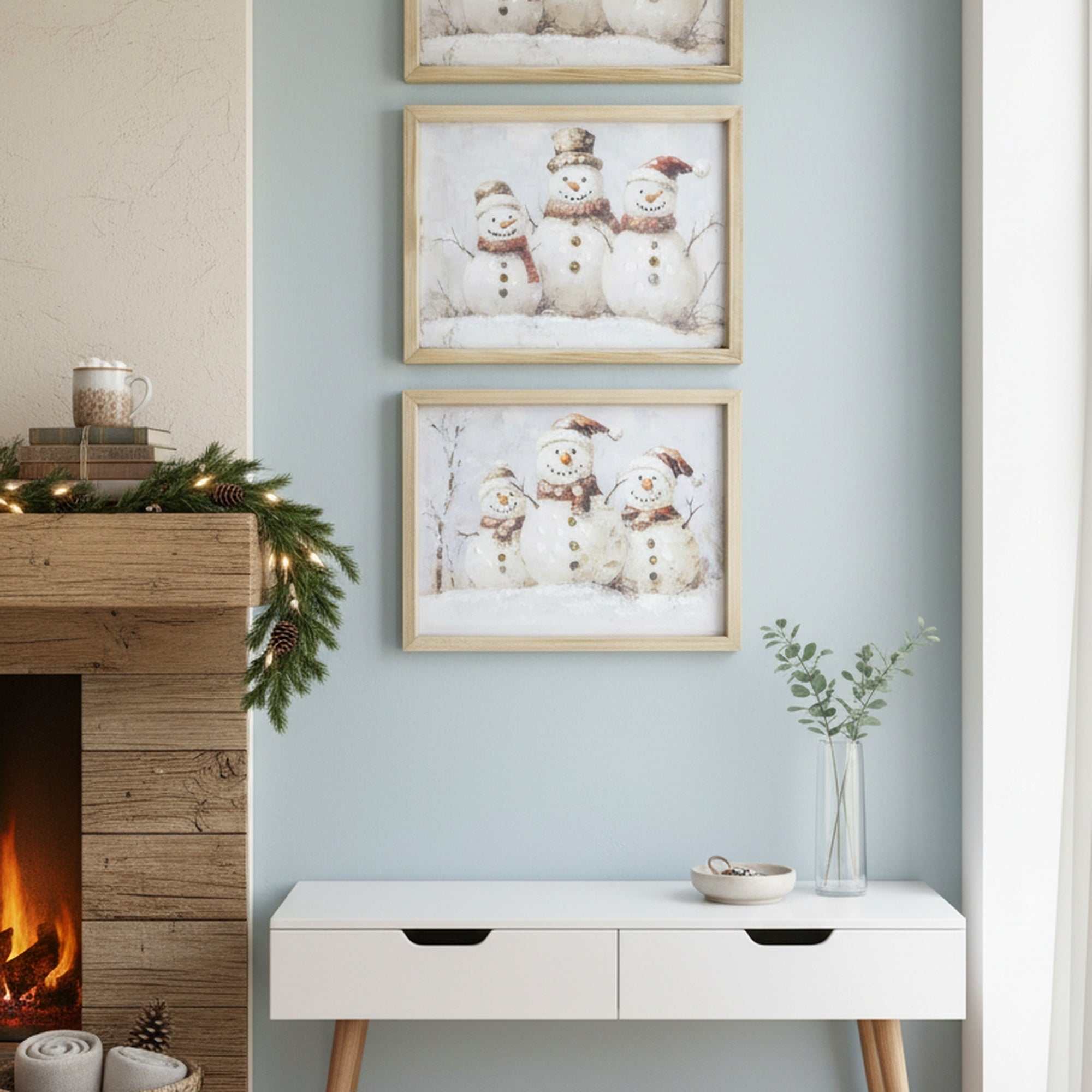 Framed Hand Painted Canvas Wall Art Triple Snowman, Christmas, Wall Decor, Holiday Decor- Set of 2