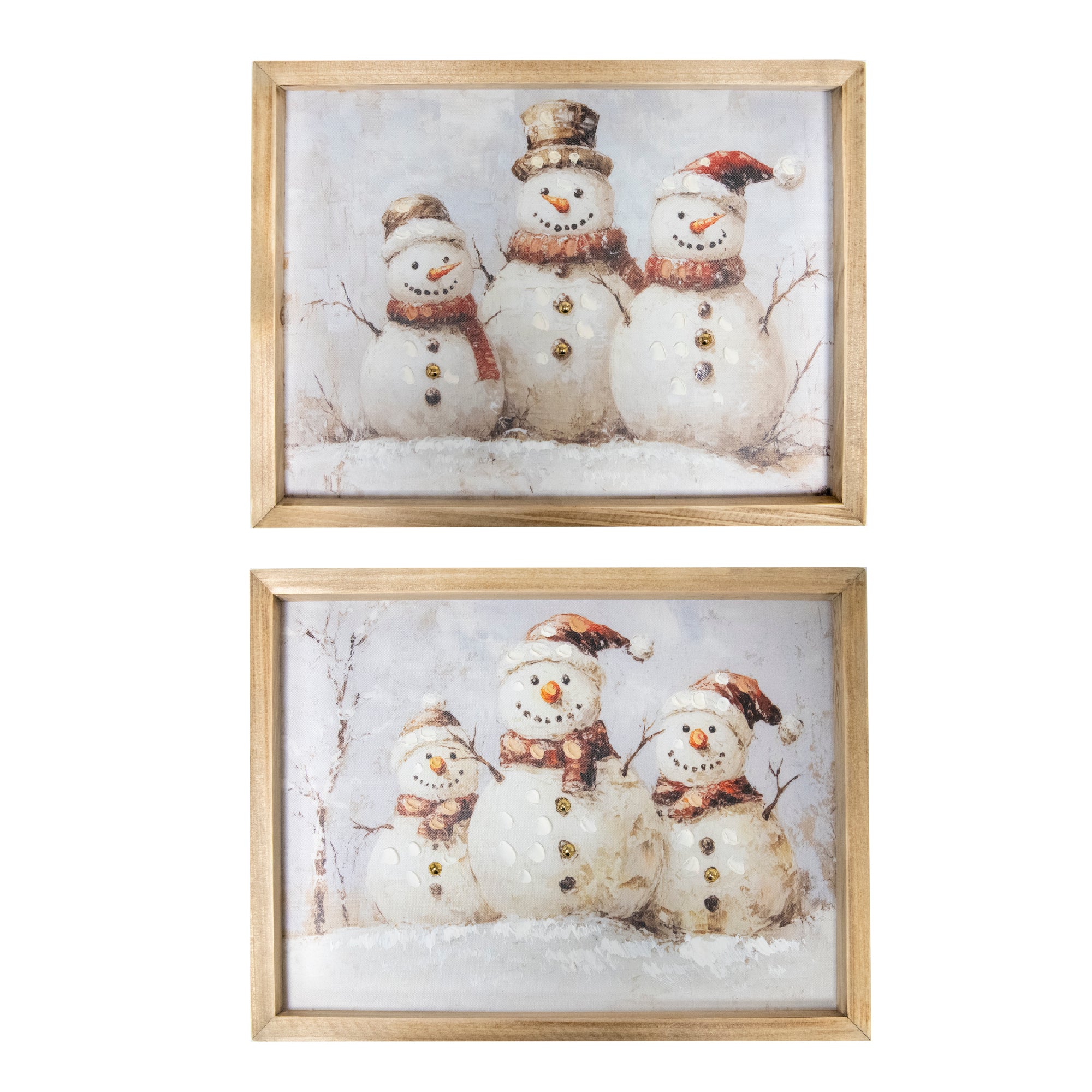 Framed Hand Painted Canvas Wall Art Triple Snowman, Christmas, Wall Decor, Holiday Decor- Set of 2