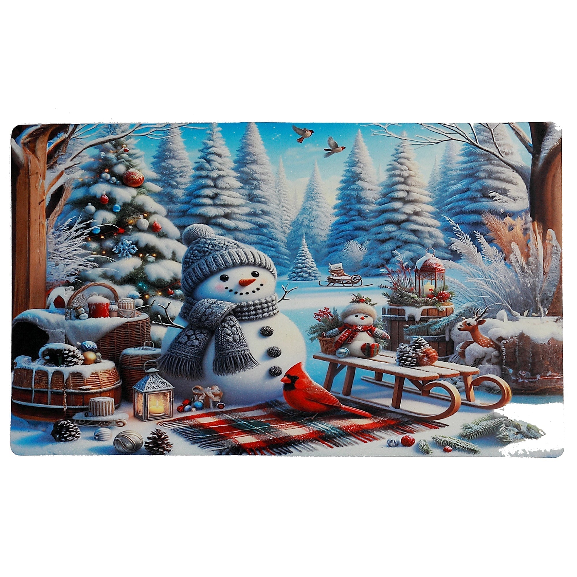 Printed Rubber Mat Snowman with Sled – Holiday Entrance Mat, Christmas Welcome Mat, Winter Décor