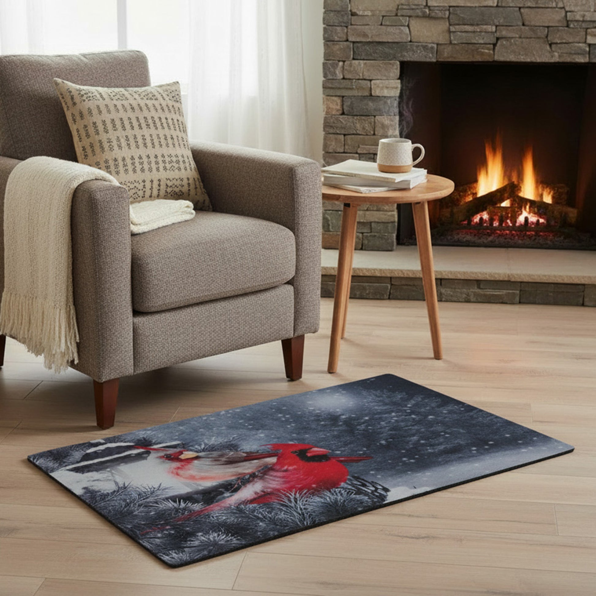 Printed Rubber Mat Cardinal Couple on Lamp Post, Christmas, Door Mat, Holiday Decor