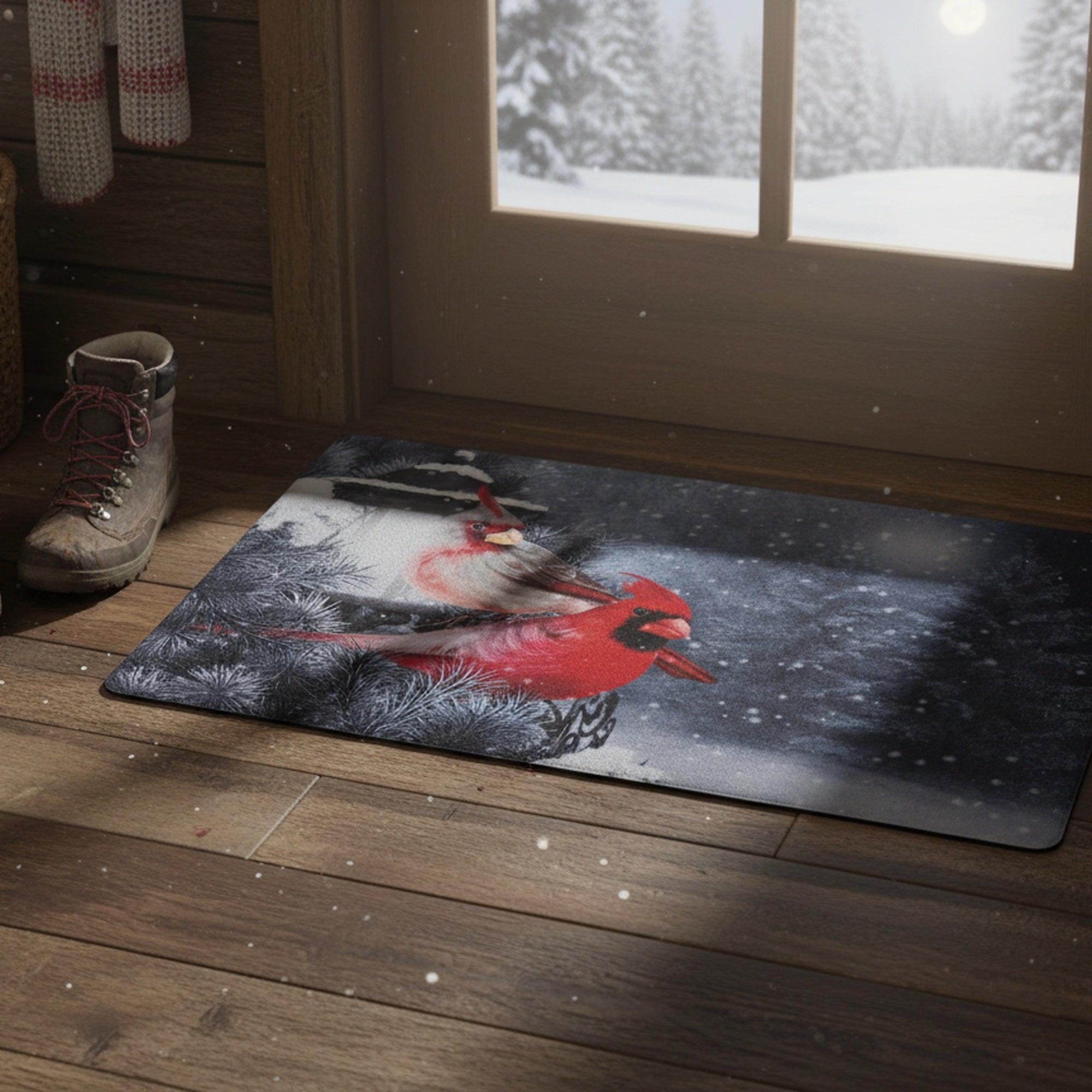 Printed Rubber Mat Cardinal Couple on Lamp Post, Christmas, Door Mat, Holiday Decor