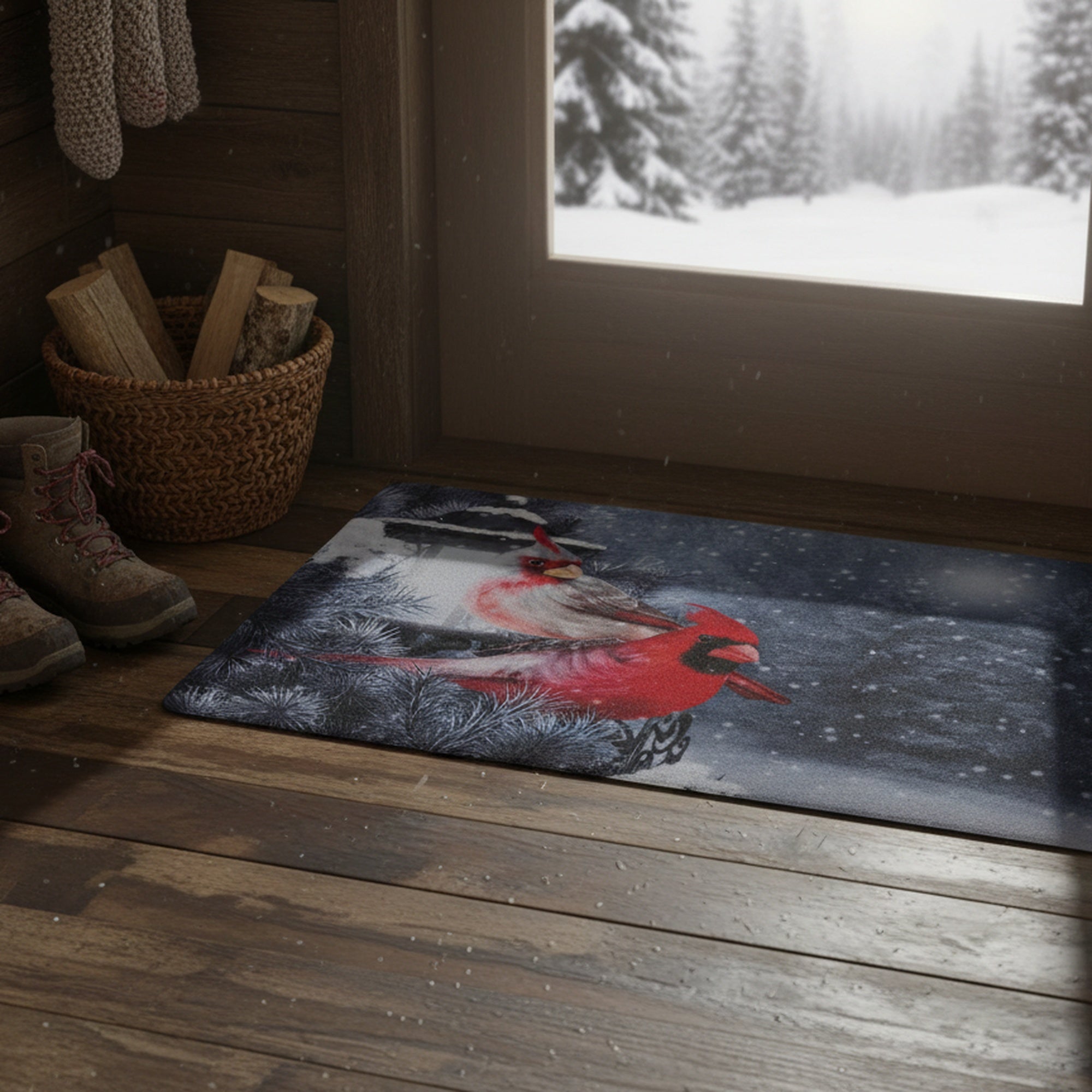 Printed Rubber Mat Cardinal Couple on Lamp Post, Christmas, Door Mat, Holiday Decor