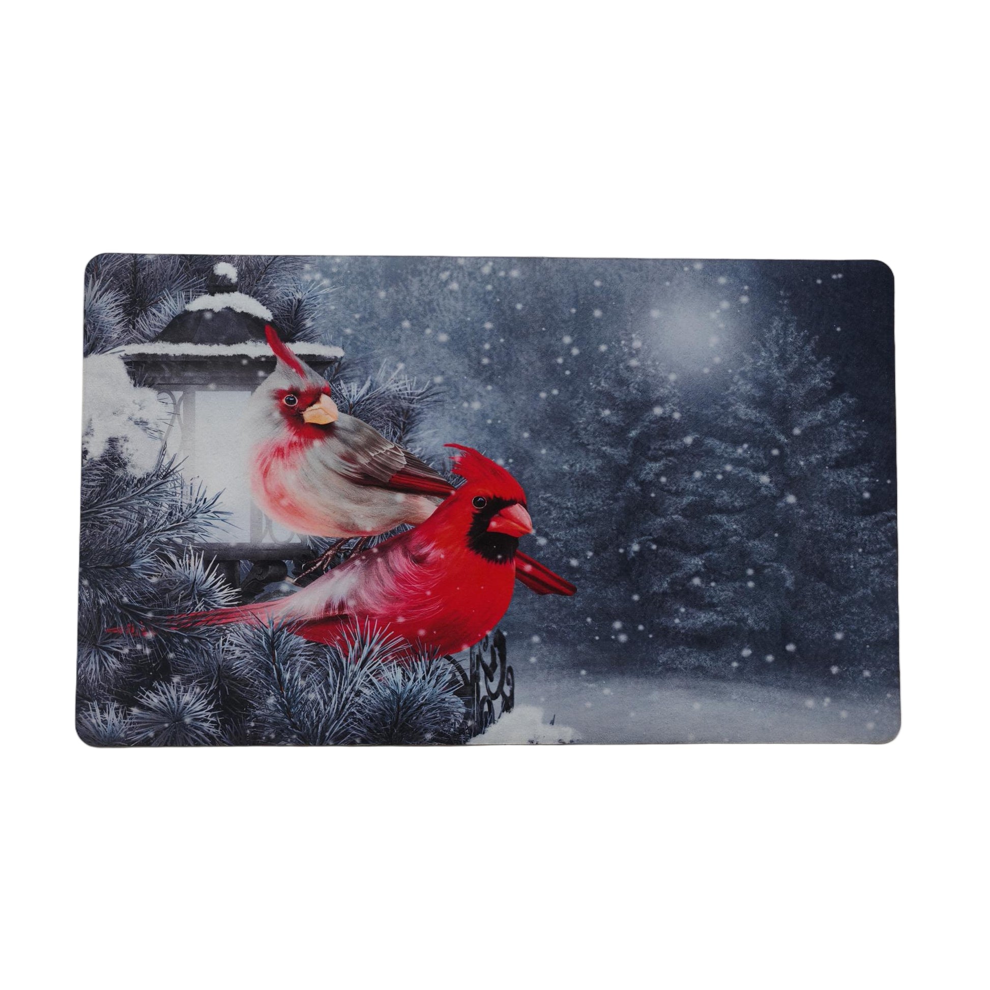 Printed Rubber Mat Cardinal Couple on Lamp Post, Christmas, Door Mat, Holiday Decor