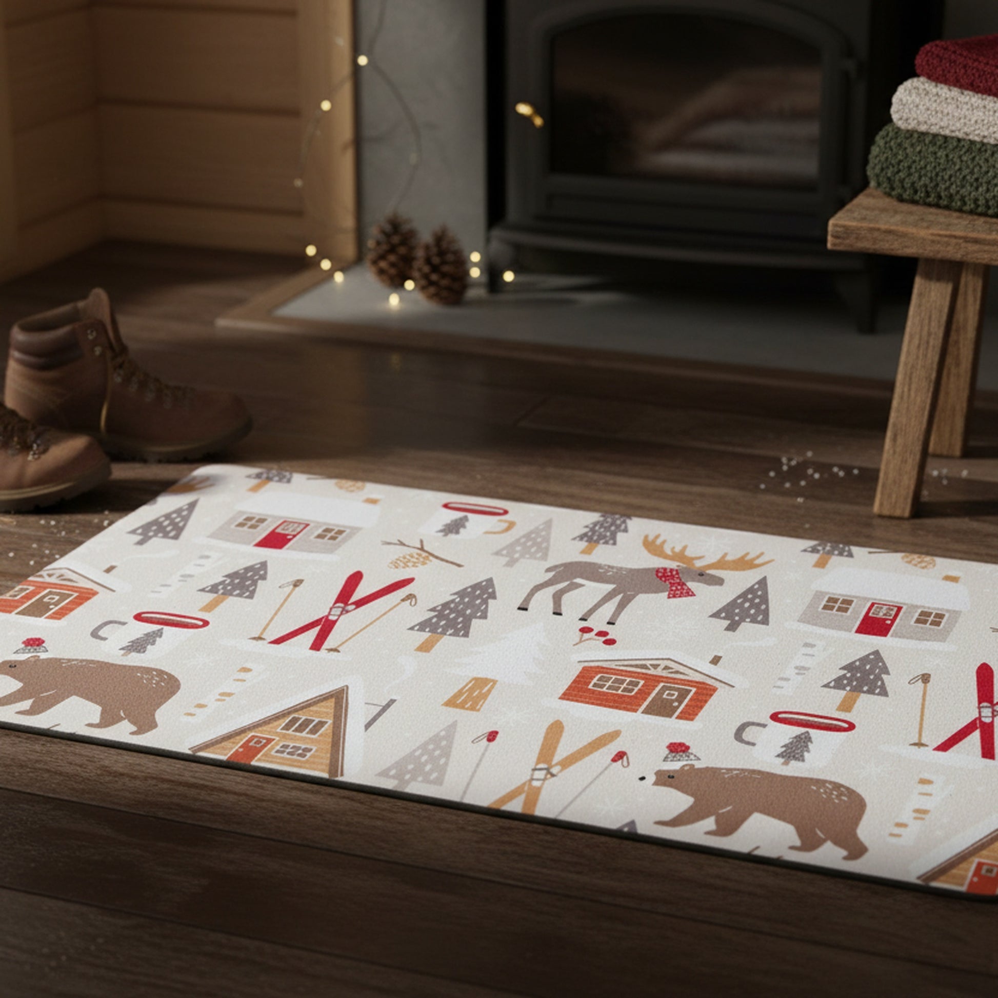 Printed Rubber Mat Winter Cabin, Winter, Door Mat, Holiday Decor