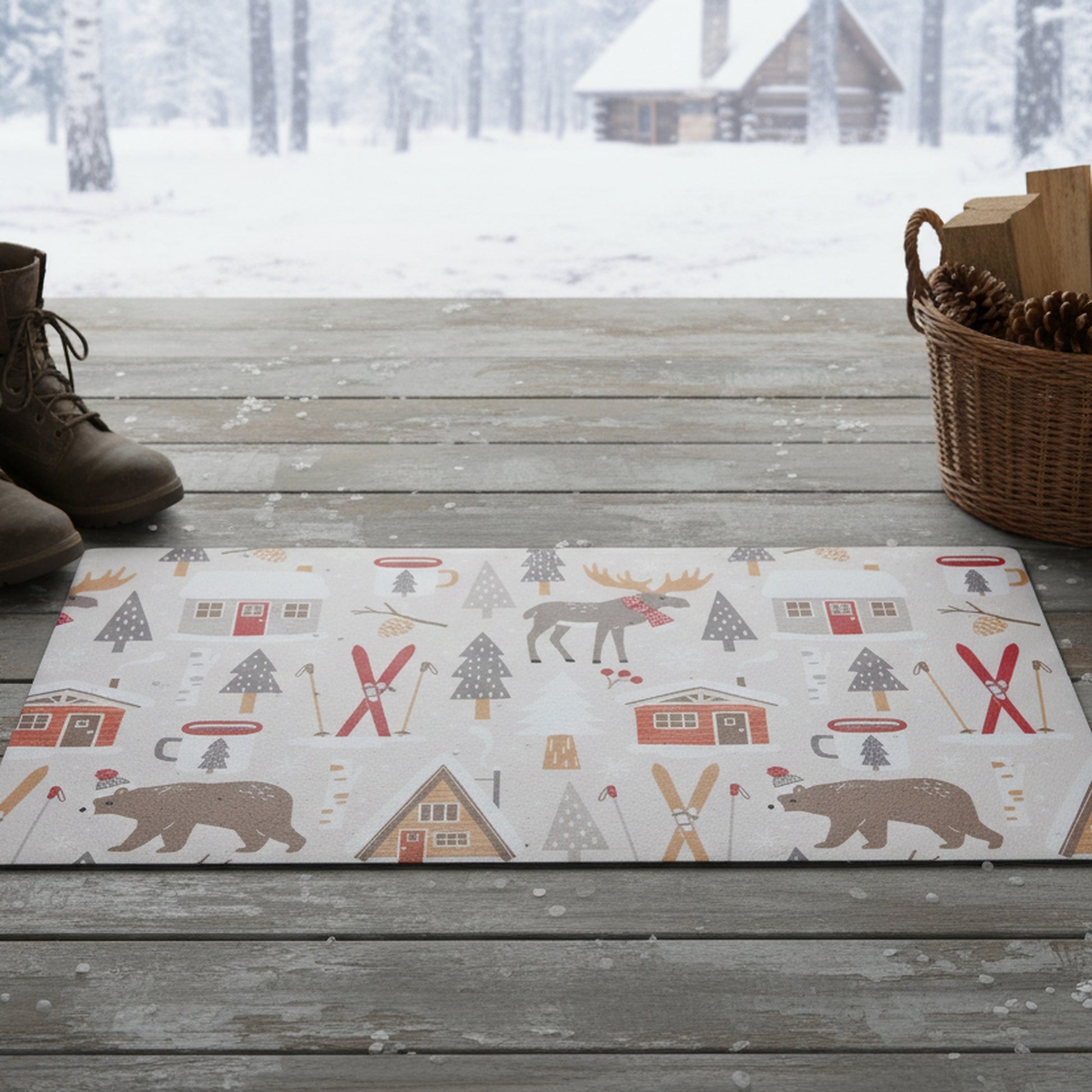 Printed Rubber Mat Winter Cabin, Winter, Door Mat, Holiday Decor