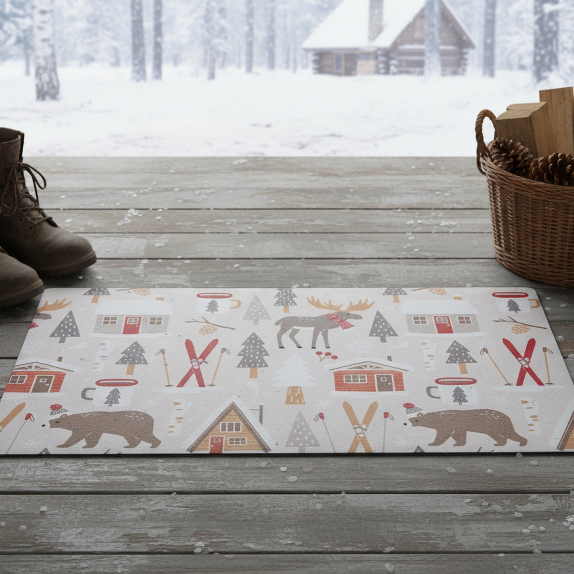Printed Rubber Mat Winter Cabin, Winter, Door Mat, Holiday Decor