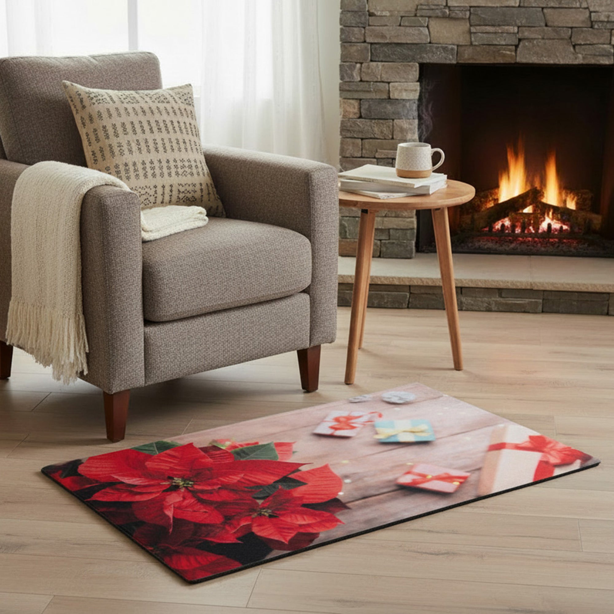 Printed Rubber Mat Poinsettia & Gifts, Christmas, Door Mat, Holiday Decor