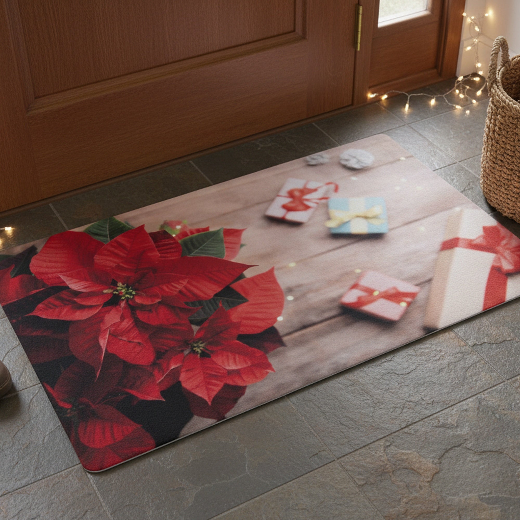 Printed Rubber Mat Poinsettia & Gifts, Christmas, Door Mat, Holiday Decor