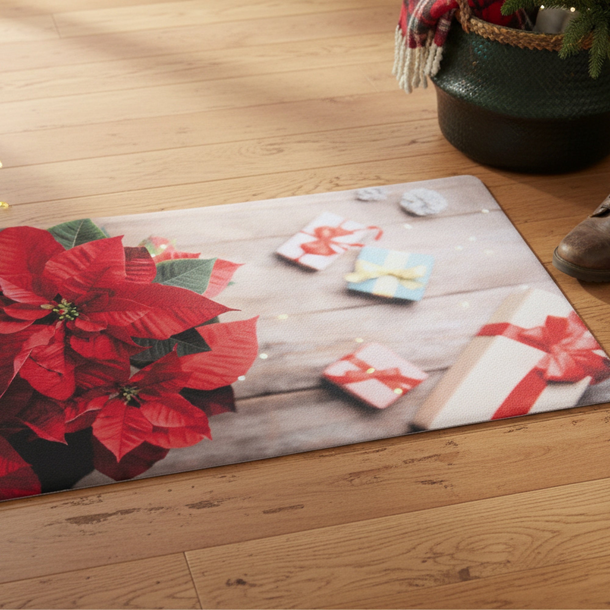 Printed Rubber Mat Poinsettia & Gifts, Christmas, Door Mat, Holiday Decor