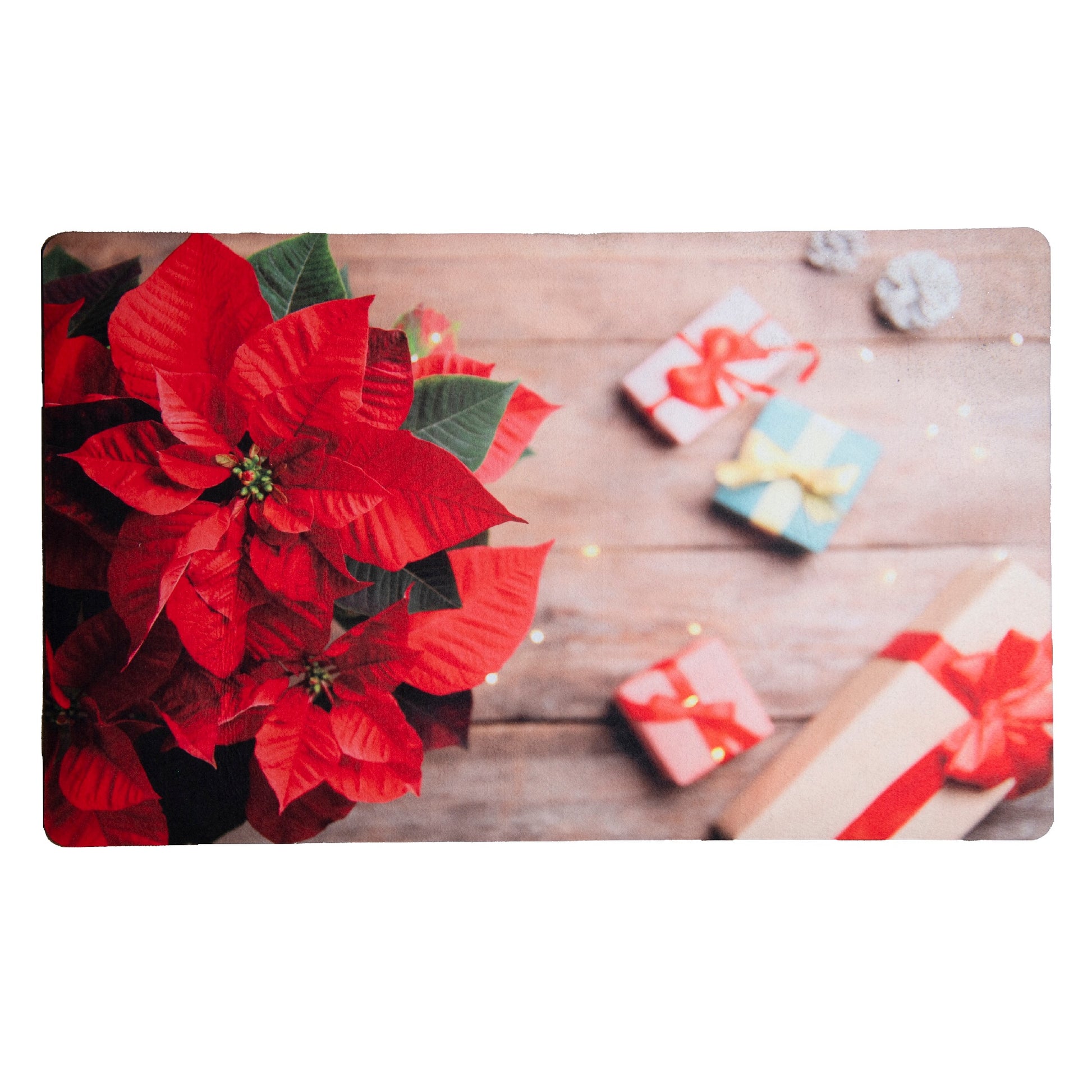 Printed Rubber Mat Poinsettia & Gifts, Christmas, Door Mat, Holiday Decor