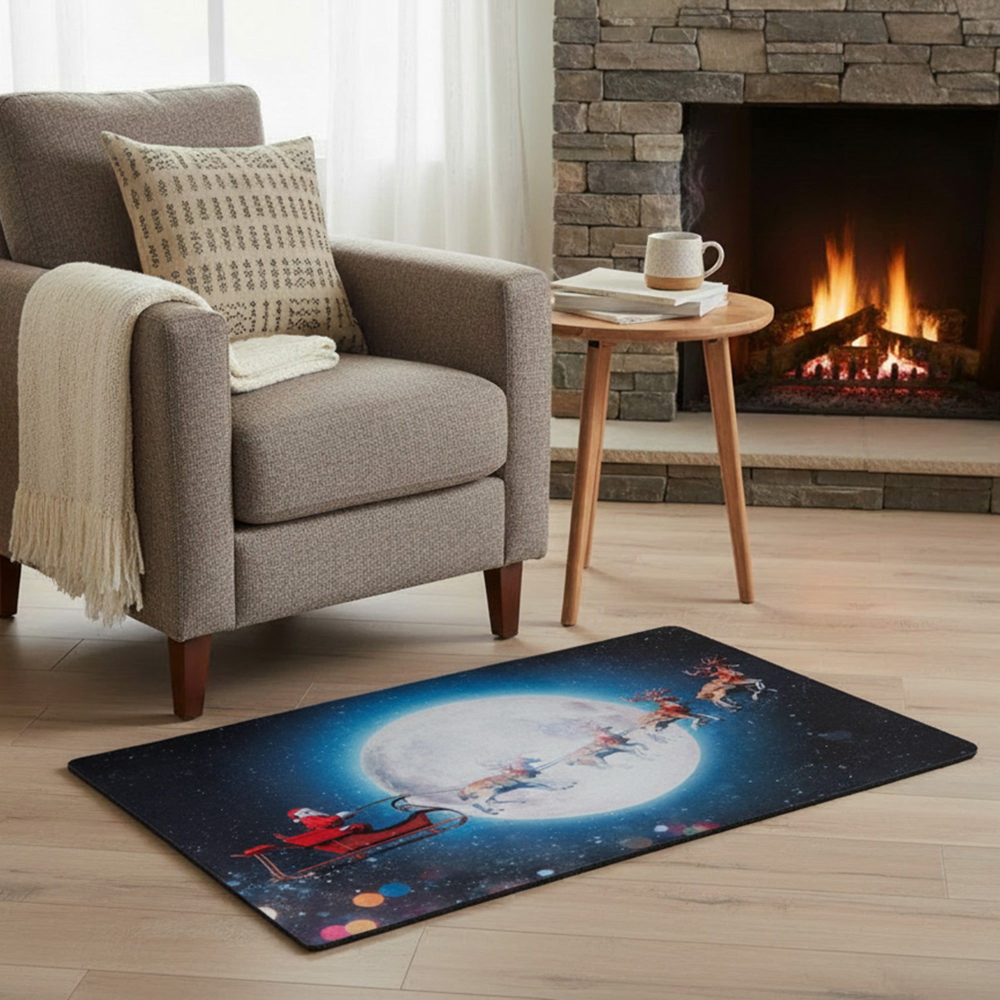 Printed Rubber Mat Reindeer Pulling Santa on Sleigh, Christmas, Door Mat, Holiday Decor