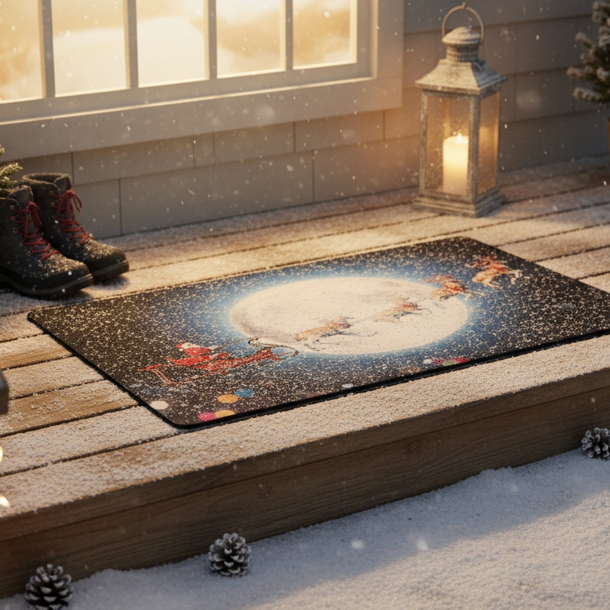 Printed Rubber Mat Reindeer Pulling Santa on Sleigh, Christmas, Door Mat, Holiday Decor