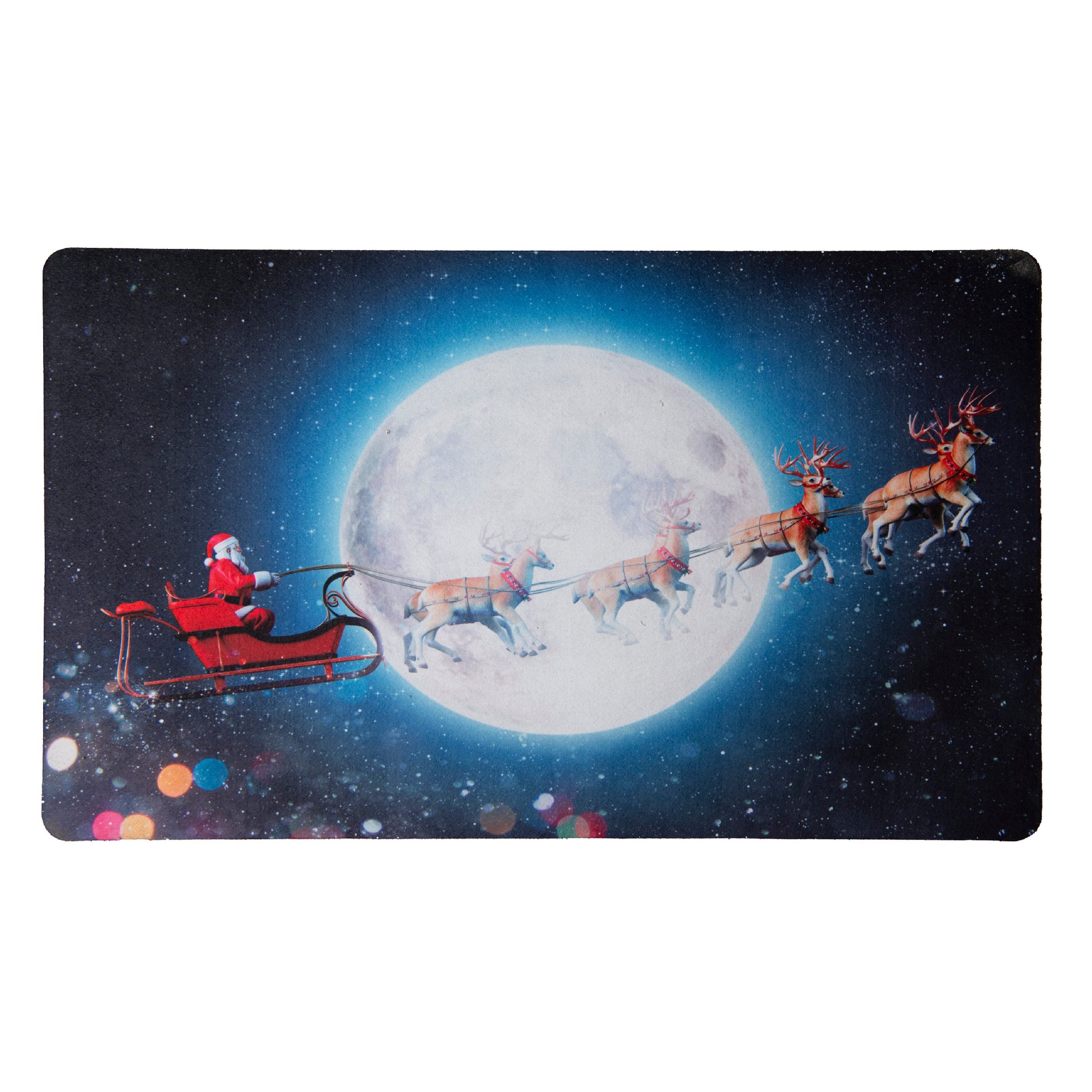 Printed Rubber Mat Reindeer Pulling Santa on Sleigh, Christmas, Door Mat, Holiday Decor